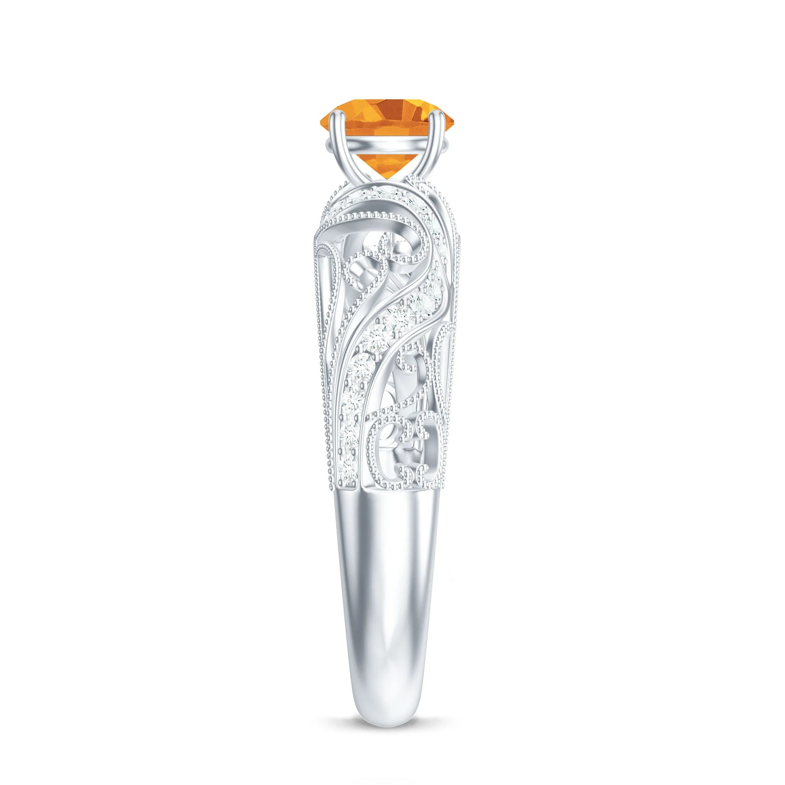 Round Citrine Vintage Inspired Engagement Ring with Diamond