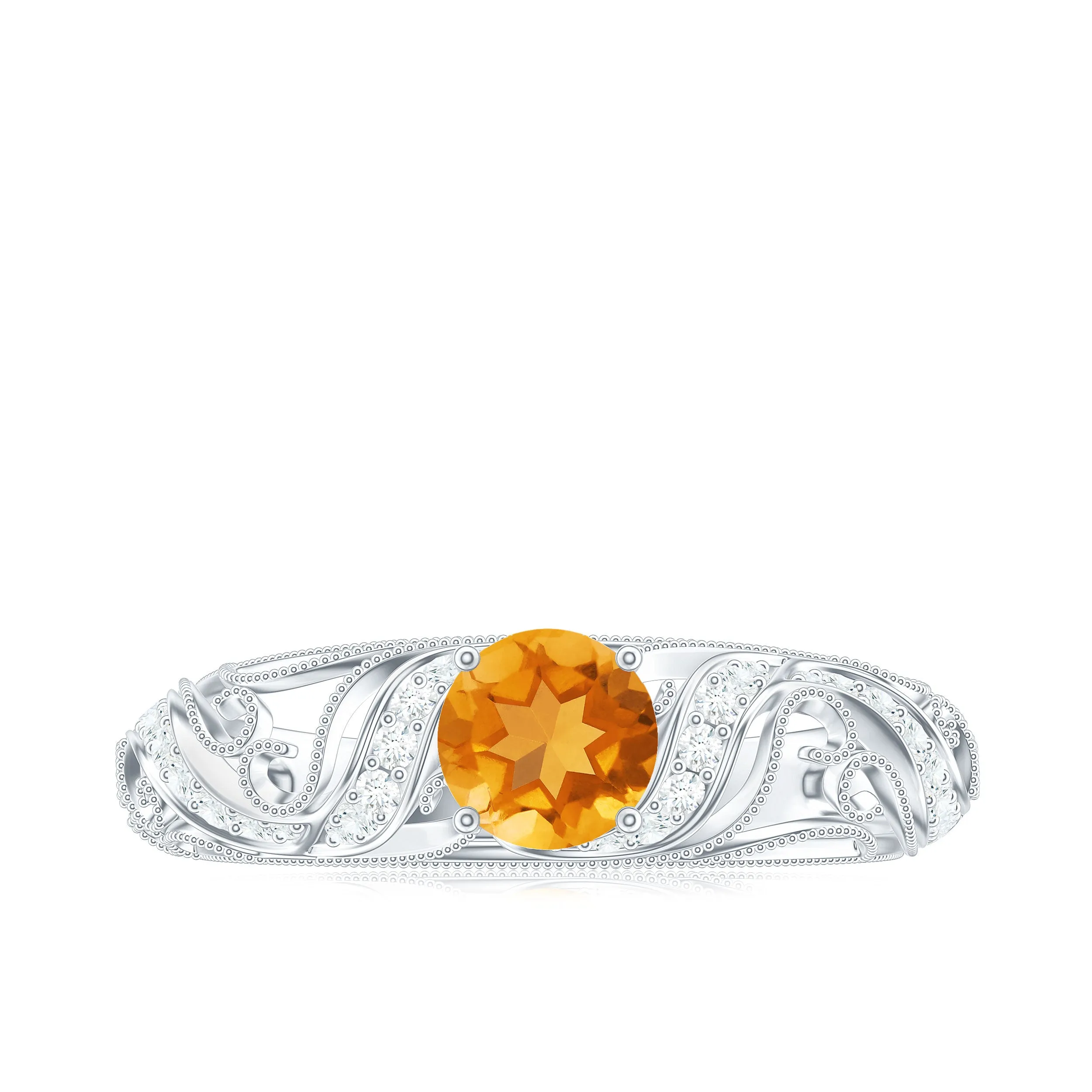 Round Citrine Vintage Inspired Engagement Ring with Diamond