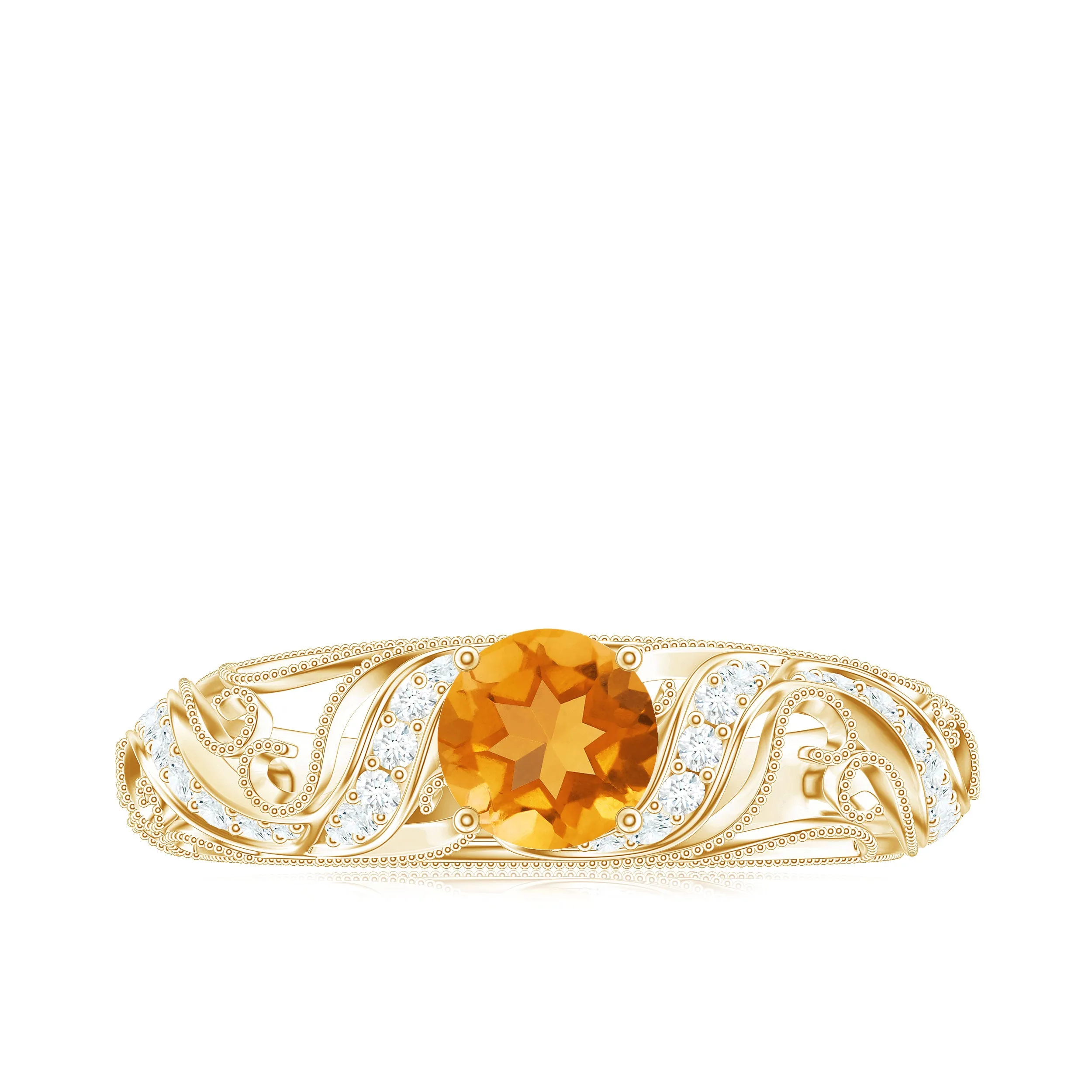 Round Citrine Vintage Inspired Engagement Ring with Diamond