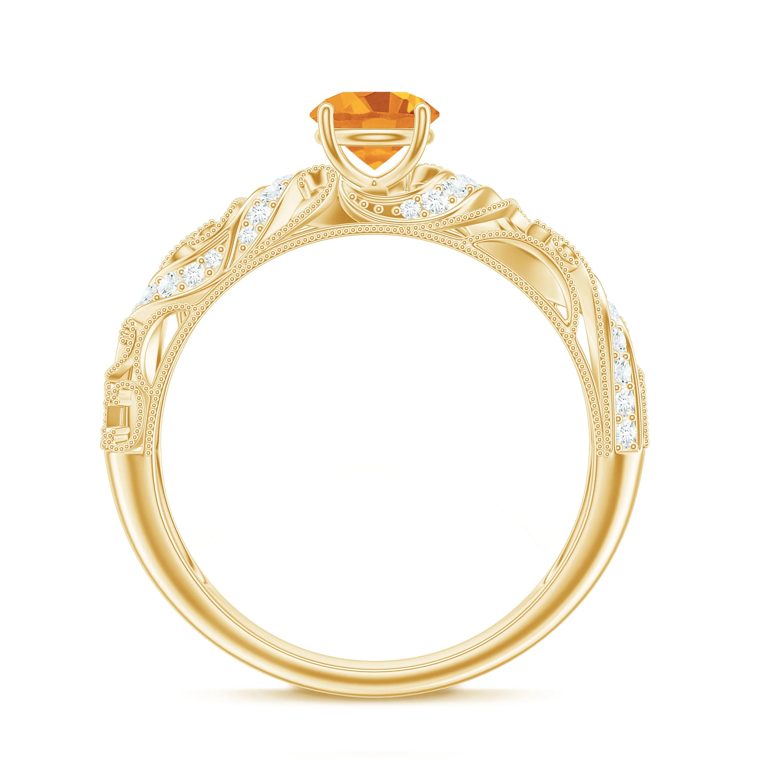 Round Citrine Vintage Inspired Engagement Ring with Diamond
