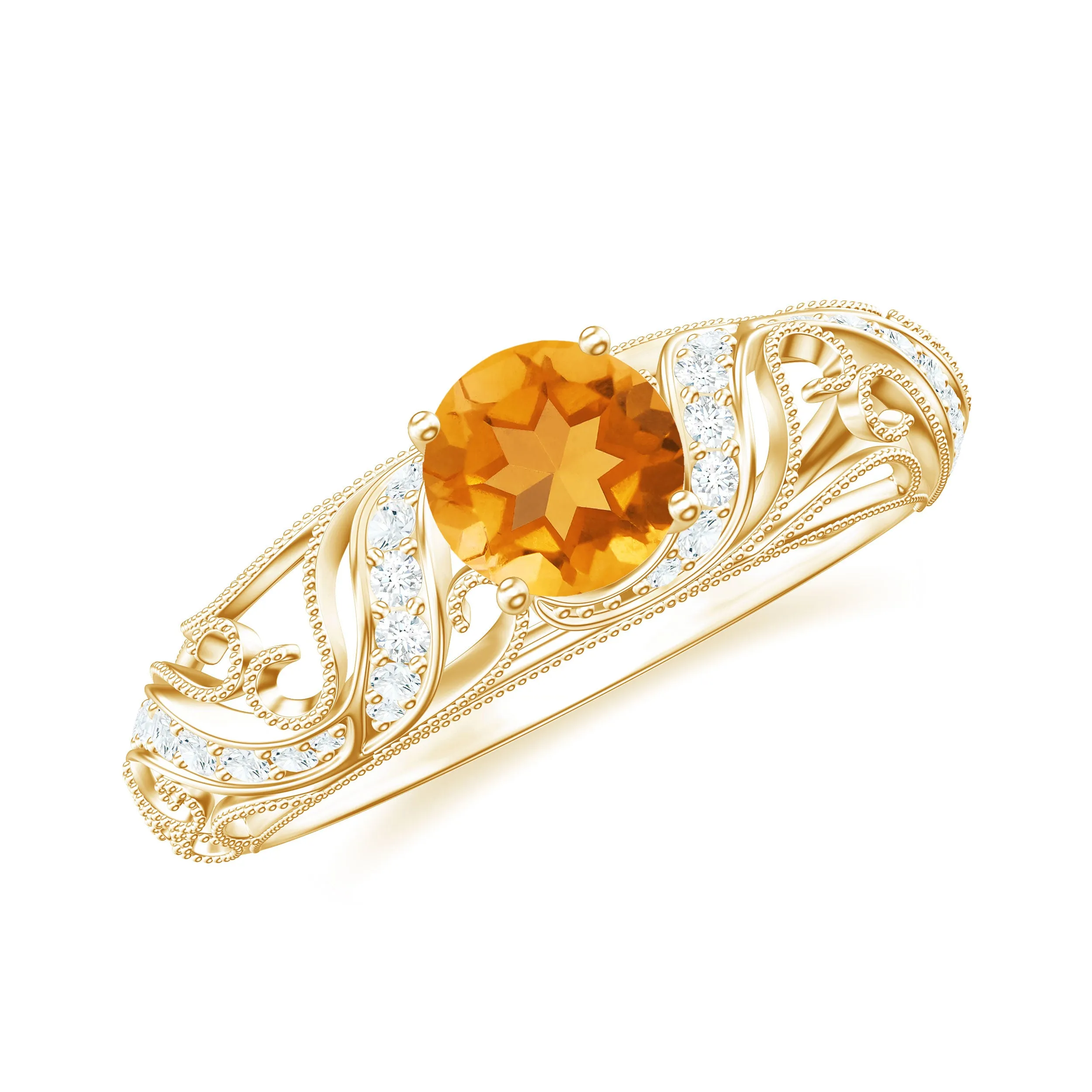Round Citrine Vintage Inspired Engagement Ring with Diamond