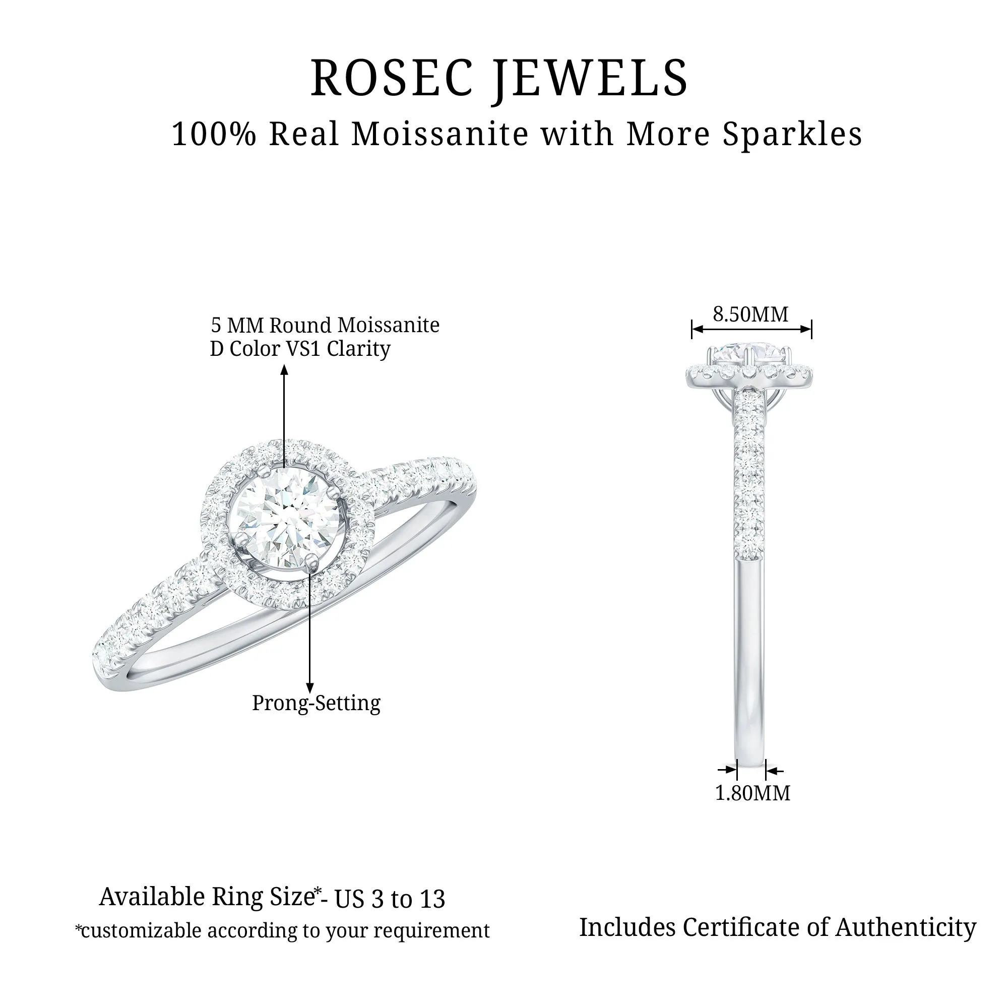 Round Cut Moissanite Halo Promise Ring in Gold