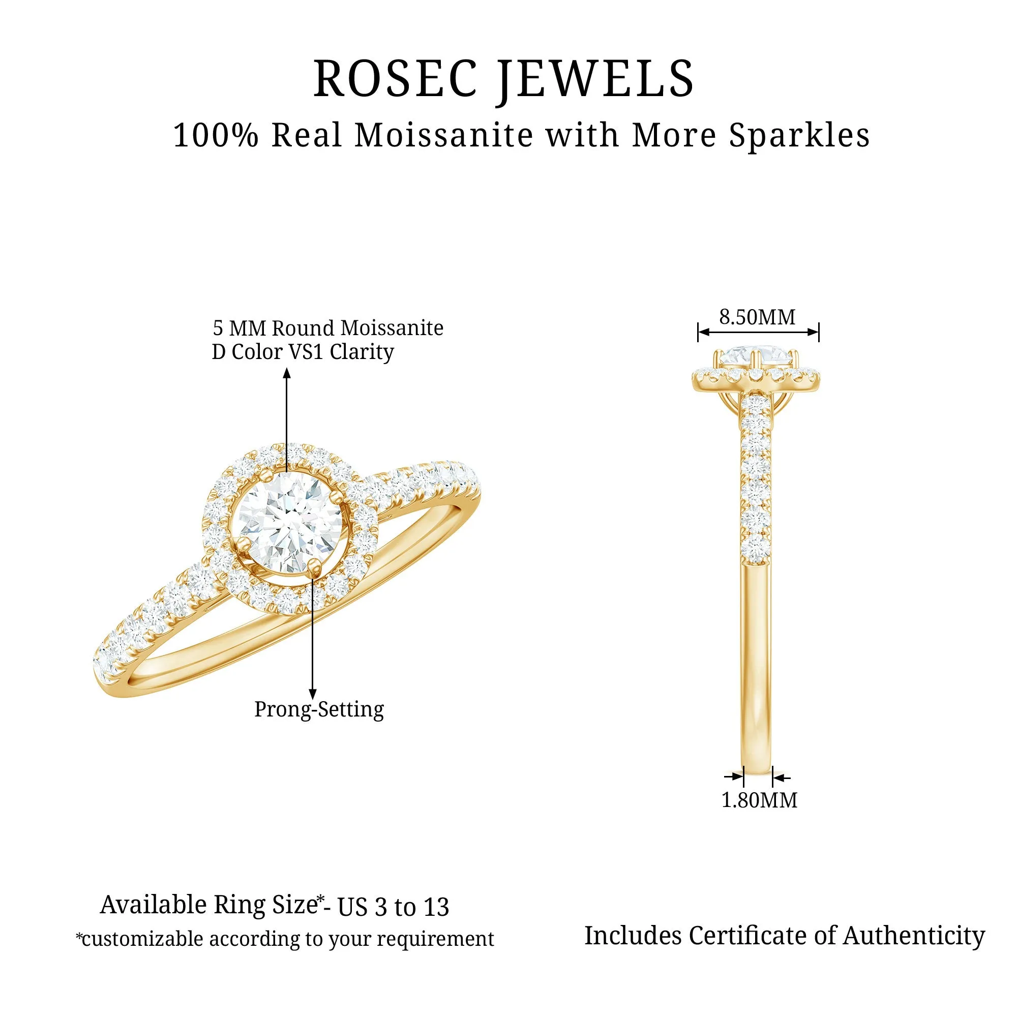 Round Cut Moissanite Halo Promise Ring in Gold