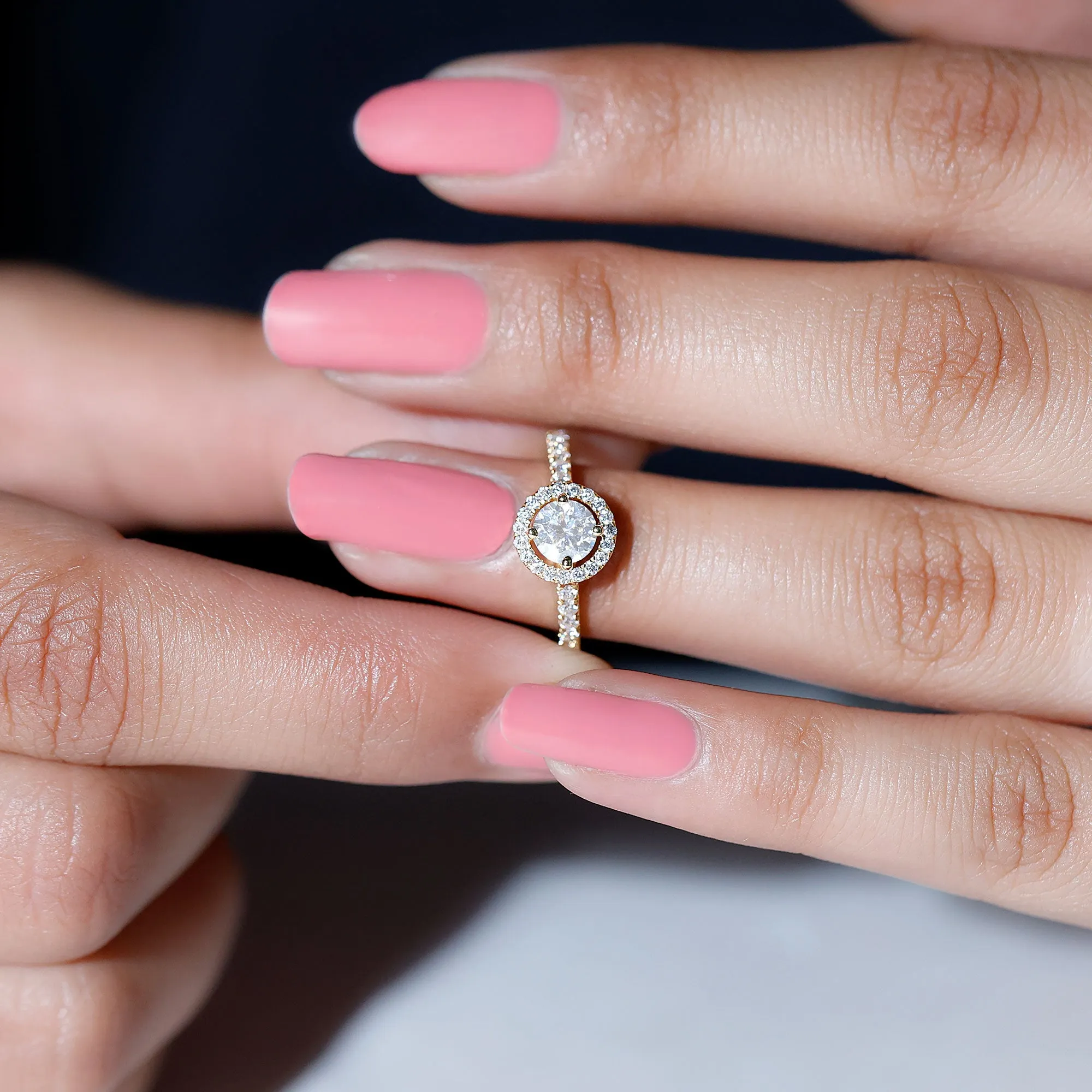 Round Cut Moissanite Halo Promise Ring in Gold