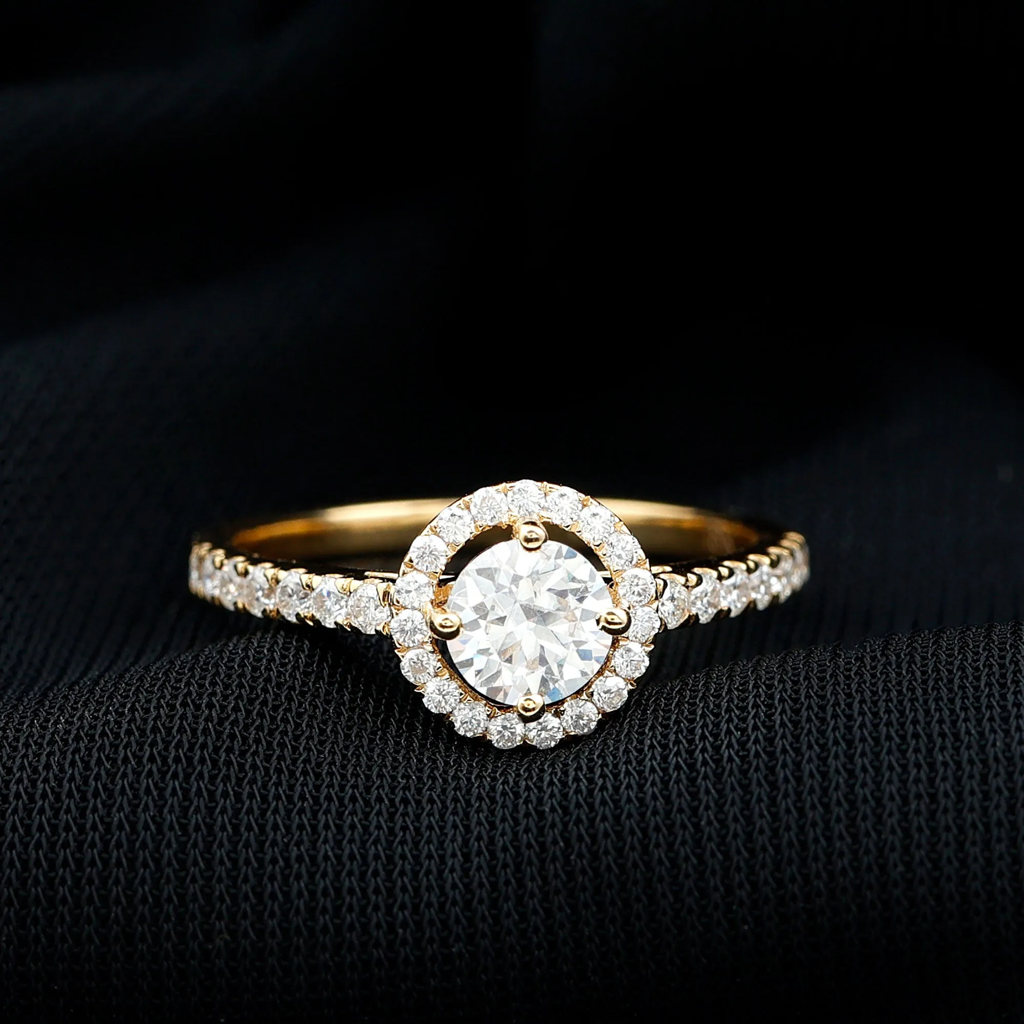 Round Cut Moissanite Halo Promise Ring in Gold