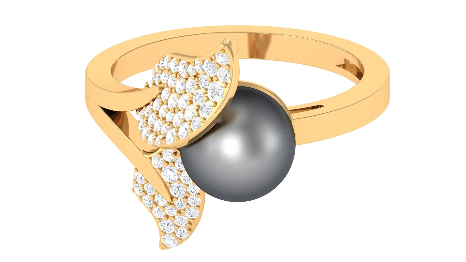 Round Tahitian Pearl and Diamond Leaf Engagement Ring