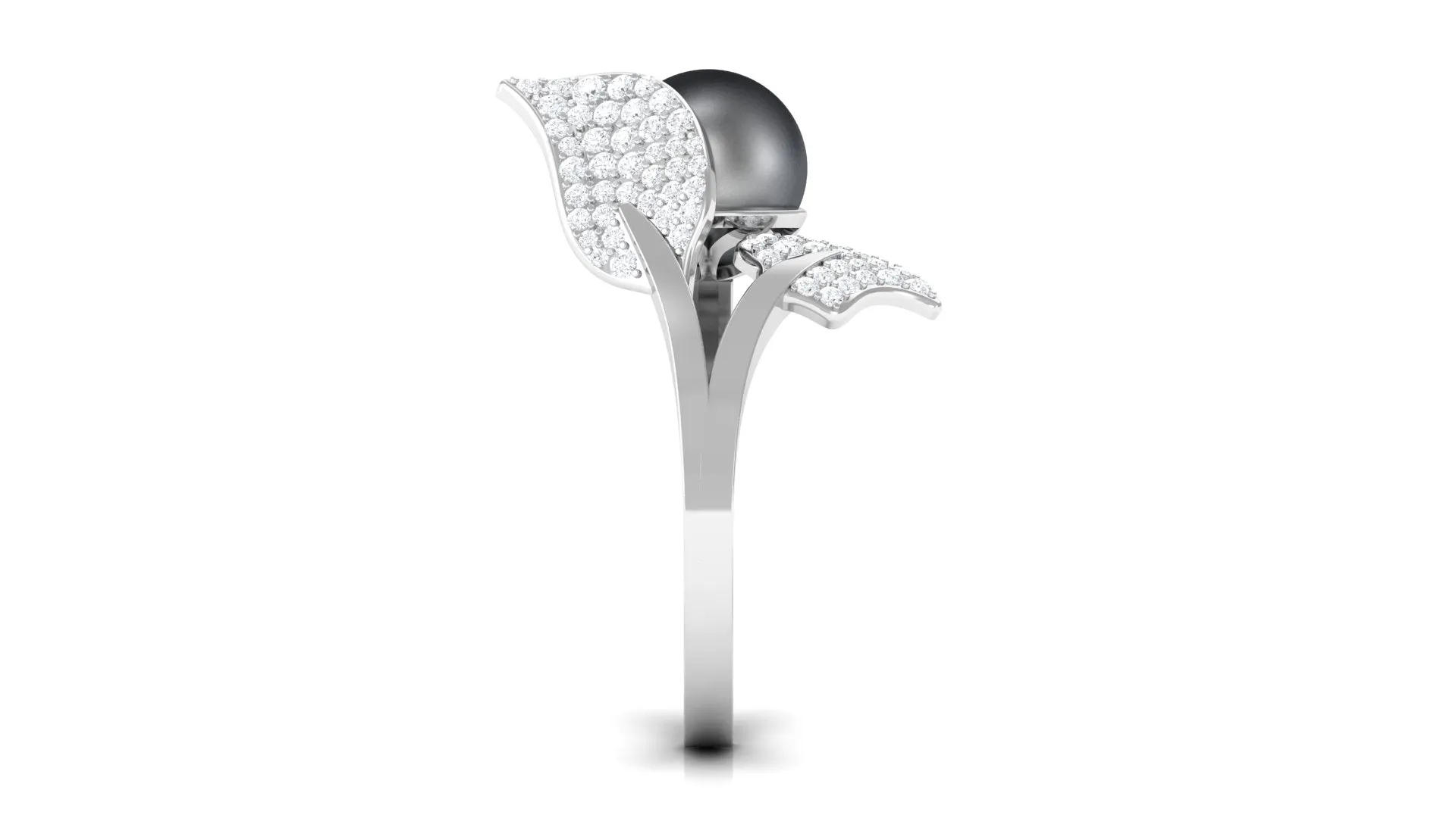 Round Tahitian Pearl and Diamond Leaf Engagement Ring