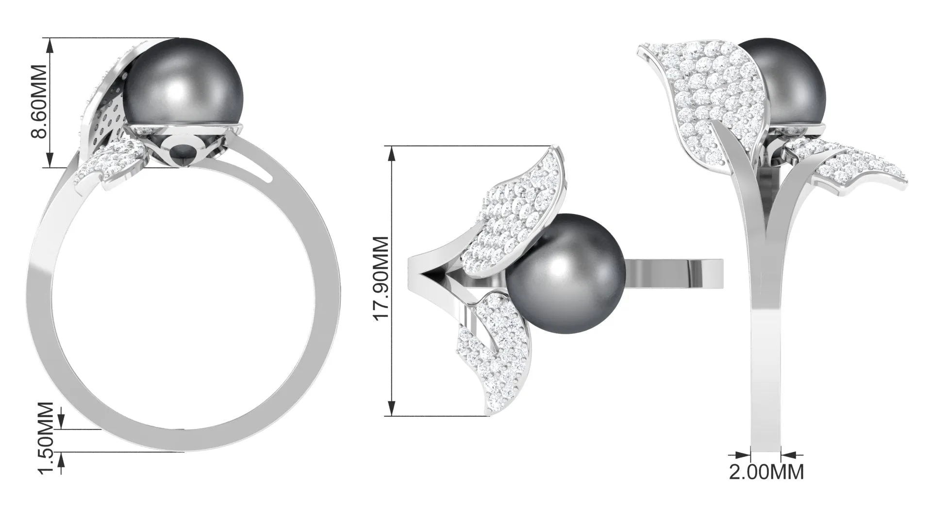 Round Tahitian Pearl and Diamond Leaf Engagement Ring