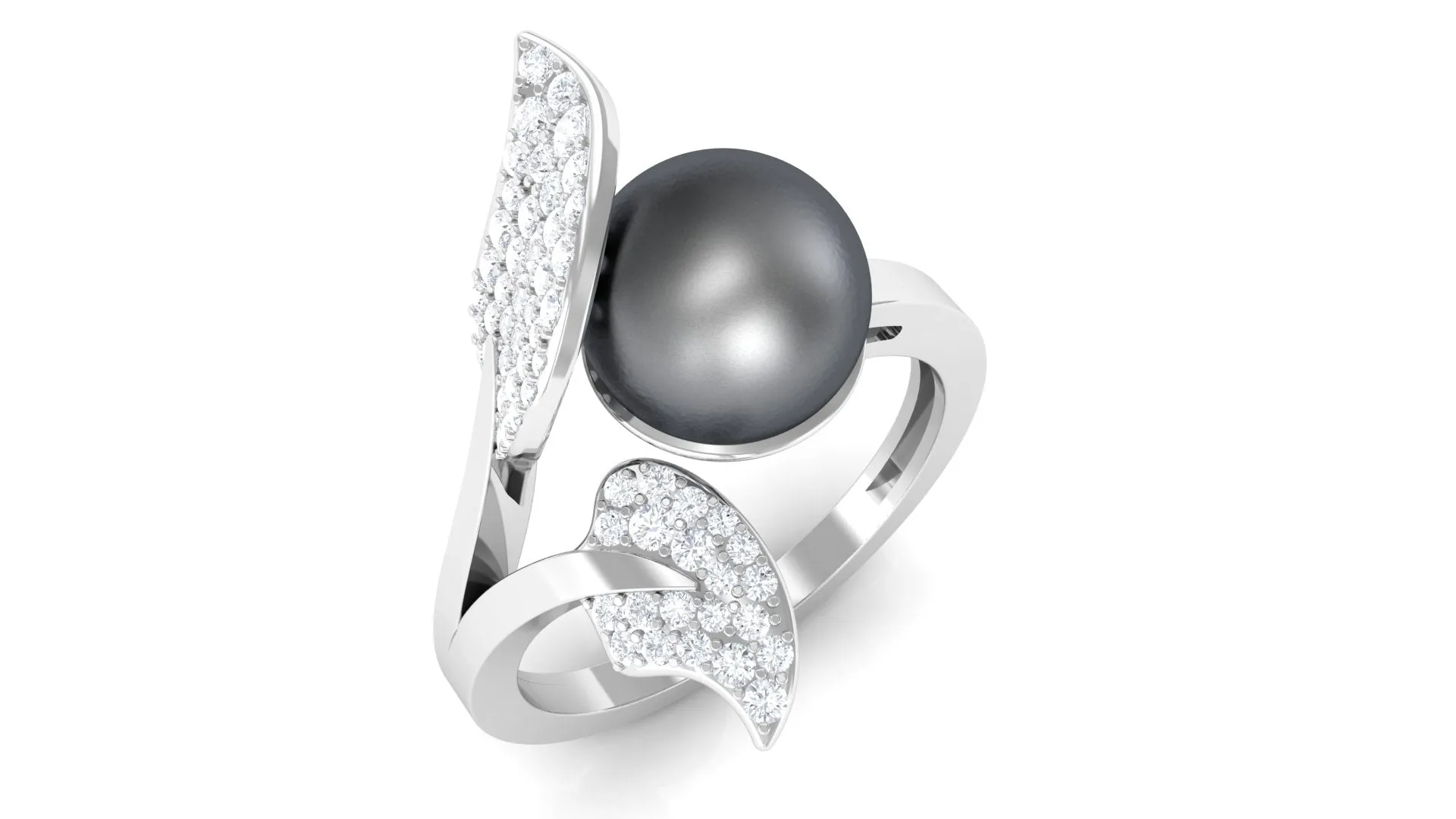 Round Tahitian Pearl and Diamond Leaf Engagement Ring