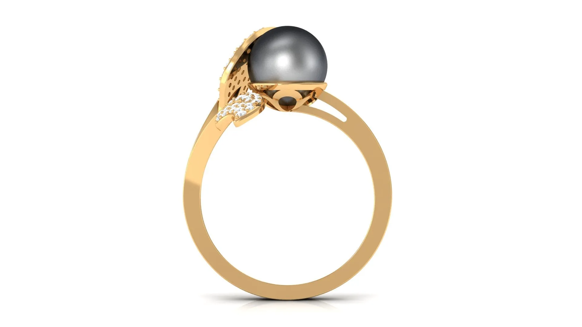 Round Tahitian Pearl and Diamond Leaf Engagement Ring