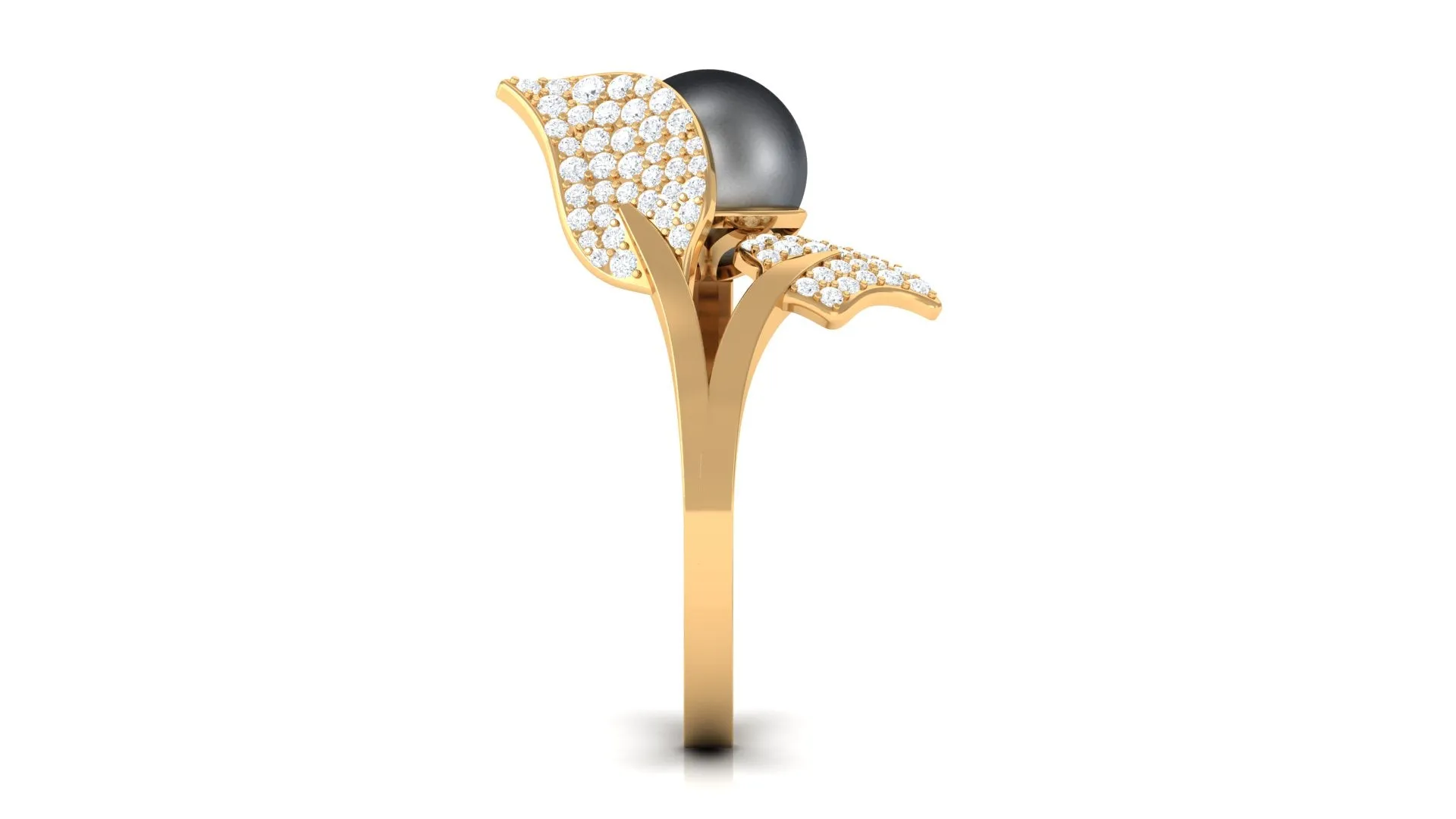Round Tahitian Pearl and Diamond Leaf Engagement Ring