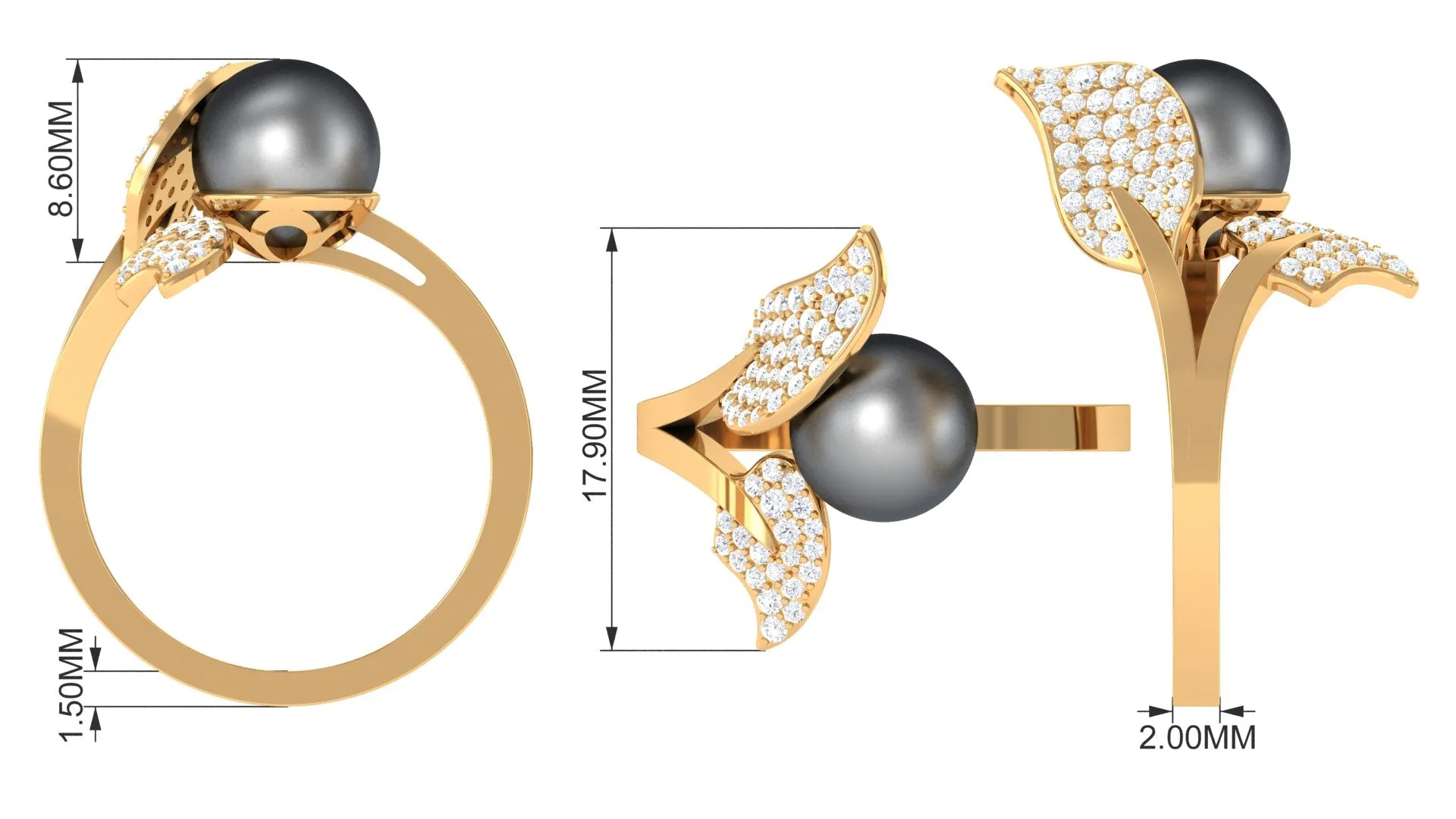 Round Tahitian Pearl and Diamond Leaf Engagement Ring
