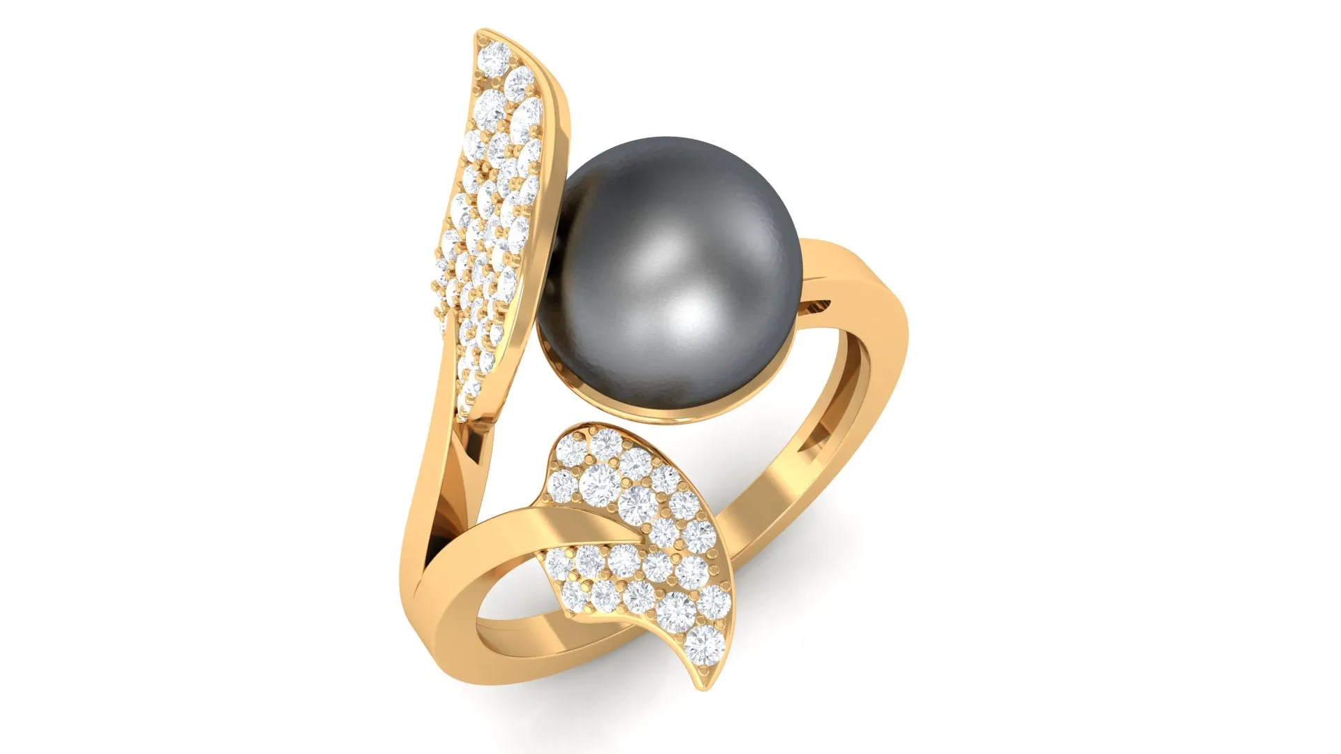Round Tahitian Pearl and Diamond Leaf Engagement Ring