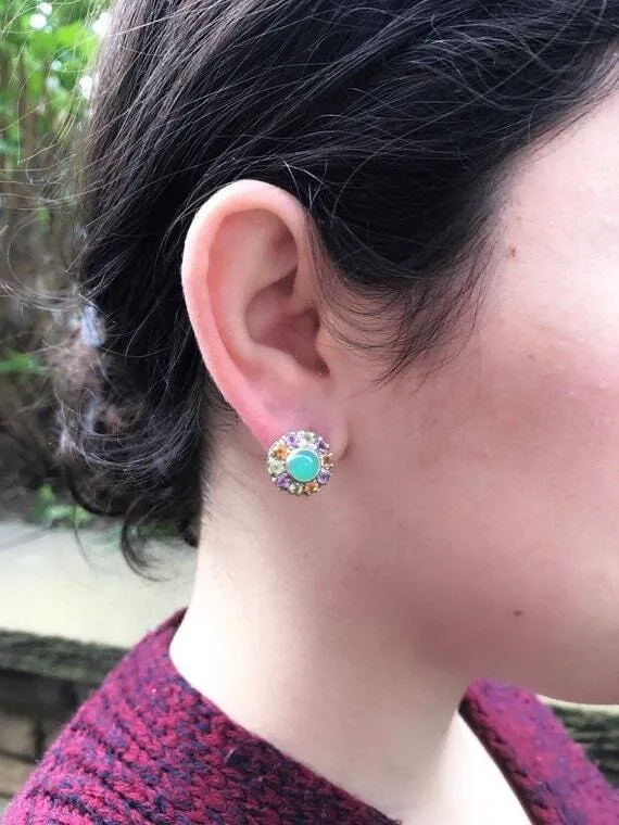 Ruby Flower Earrings - Victorian Silver Studs - Chrysoprase Earrings