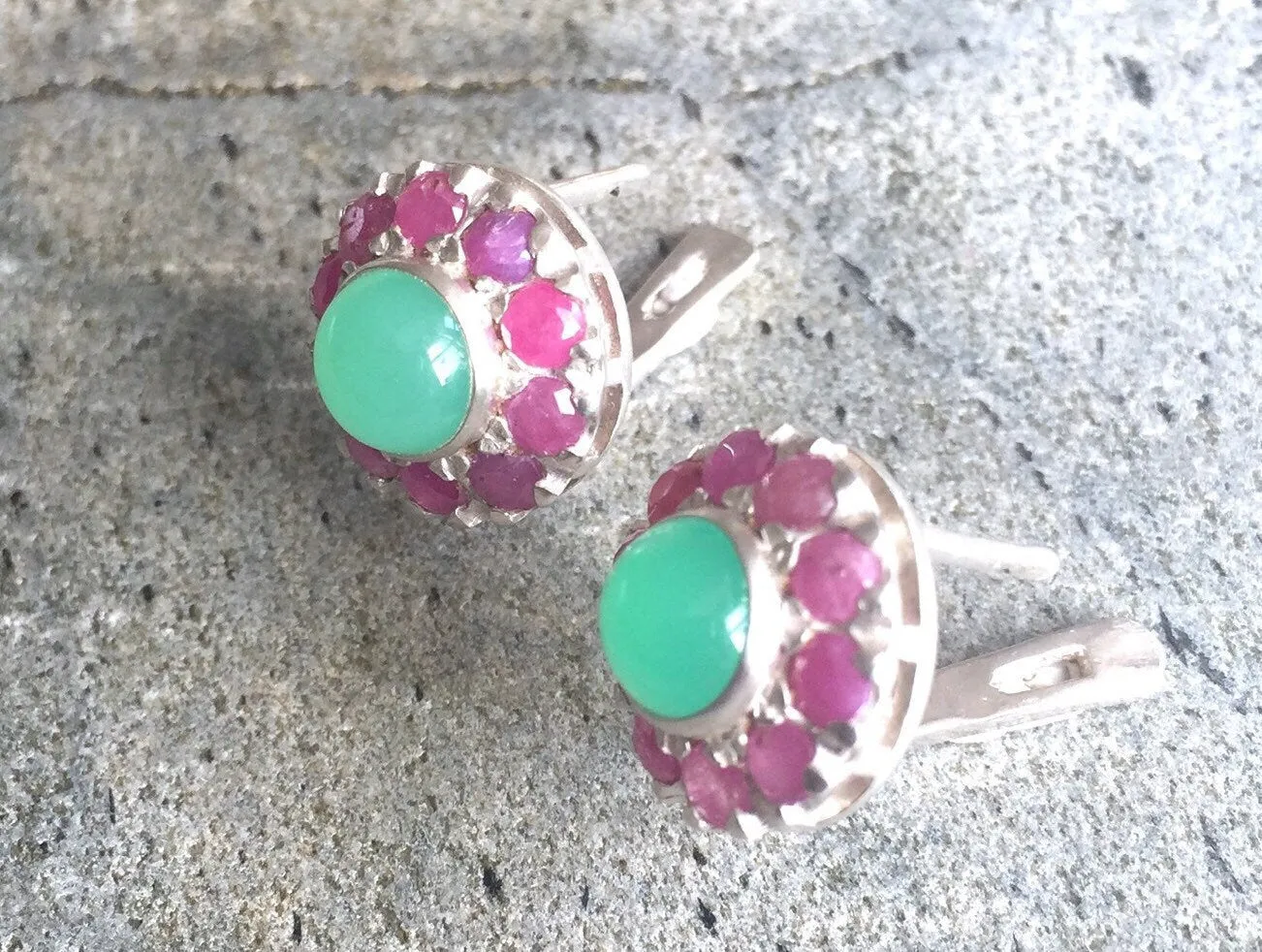 Ruby Flower Earrings - Victorian Silver Studs - Chrysoprase Earrings