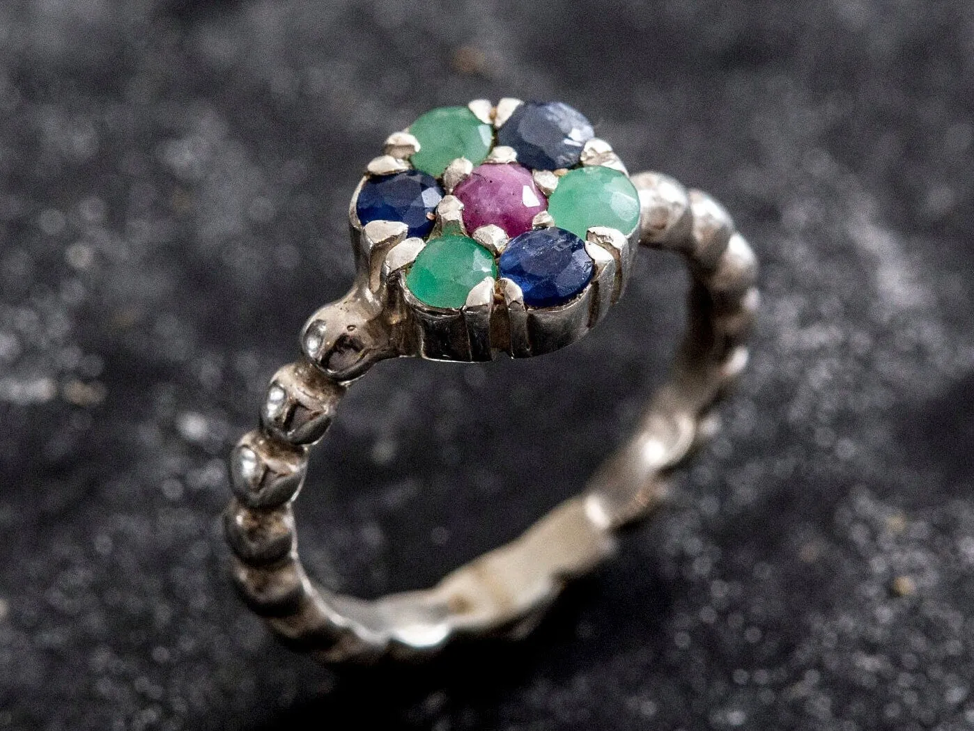 Ruby Flower Ring - Colorful Daisy Ring - Multistone Silver Ring