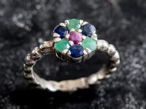 Ruby Flower Ring - Colorful Daisy Ring - Multistone Silver Ring