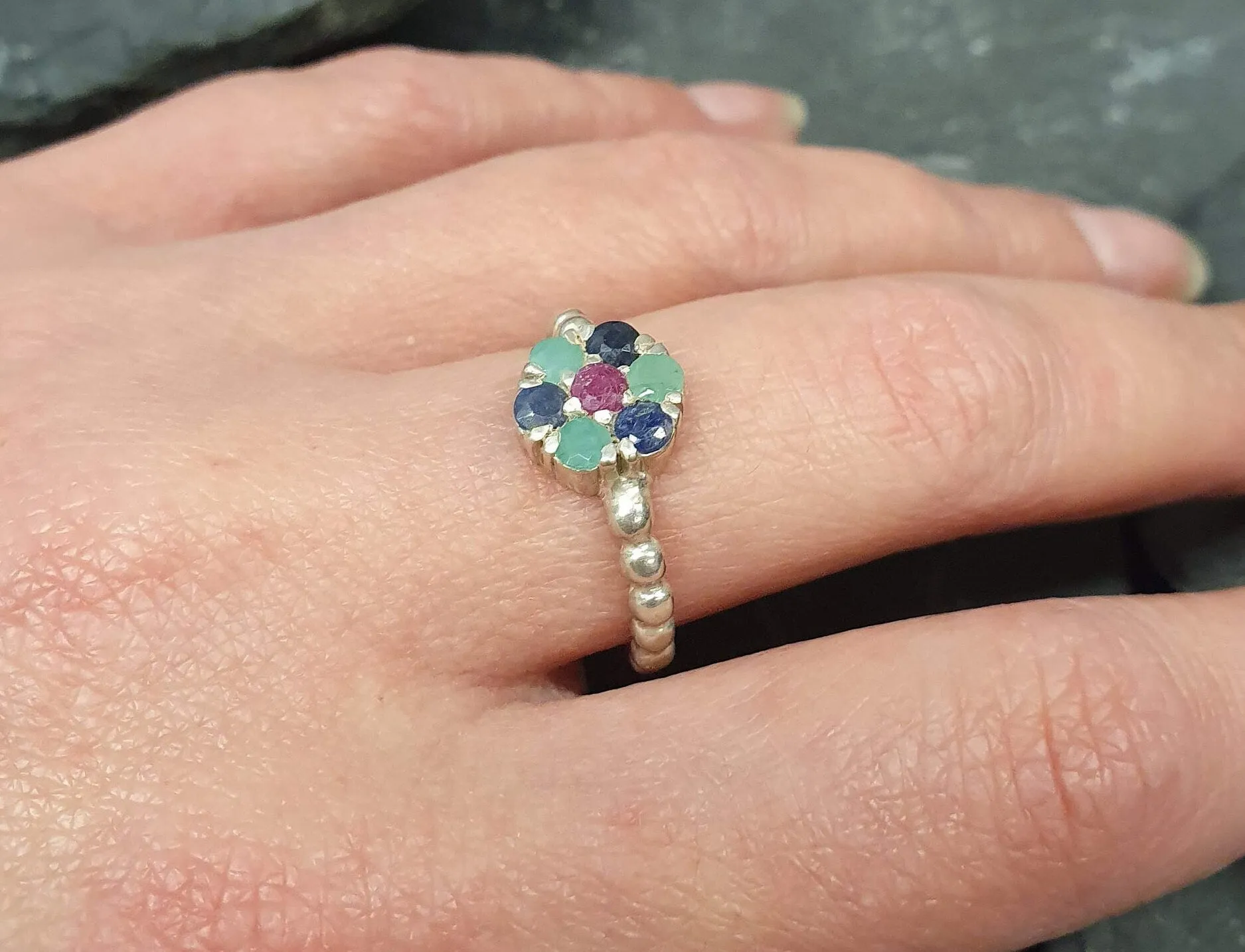 Ruby Flower Ring - Colorful Daisy Ring - Multistone Silver Ring