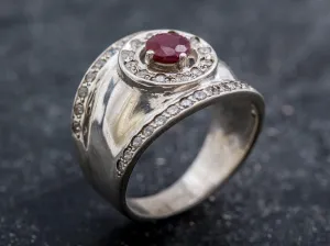 Ruby Wide Band - Silver Chunky Ring - Vintage Ruby Band
