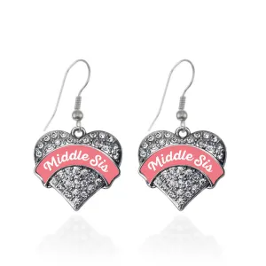 Silver Coral Middle Sister Pave Heart Charm Dangle Earrings