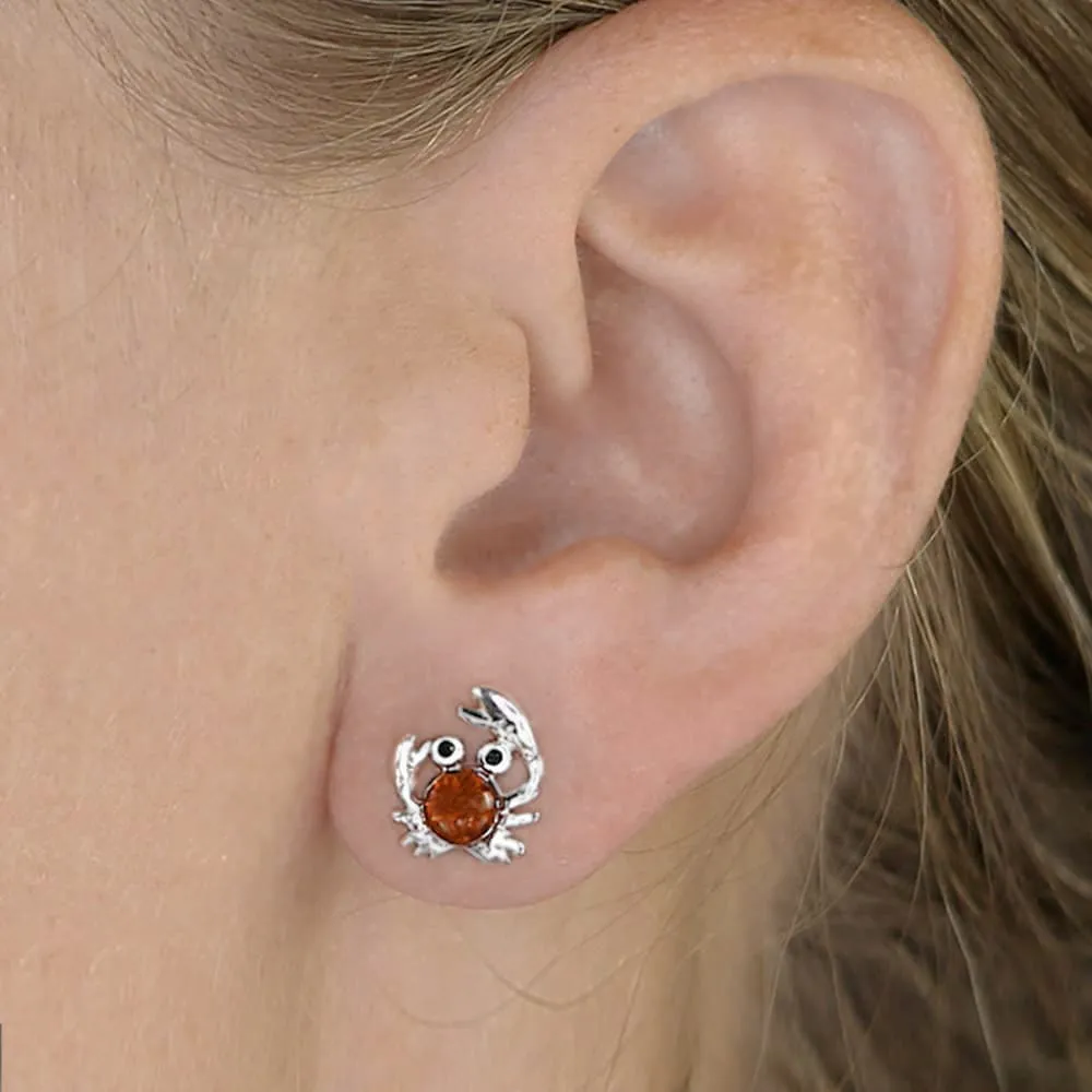 Silver Crab Earrings With Amber, Sealife Earrings Crab Studs