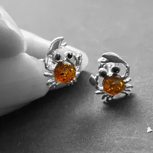 Silver Crab Earrings With Amber, Sealife Earrings Crab Studs