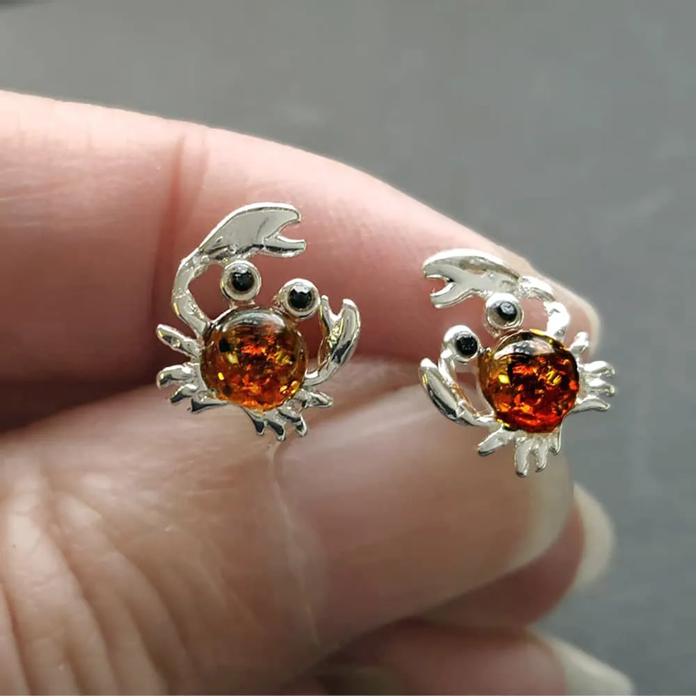 Silver Crab Earrings With Amber, Sealife Earrings Crab Studs