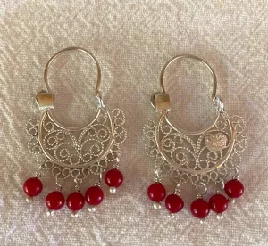 Silver Filigree Earrings with Coral Beads