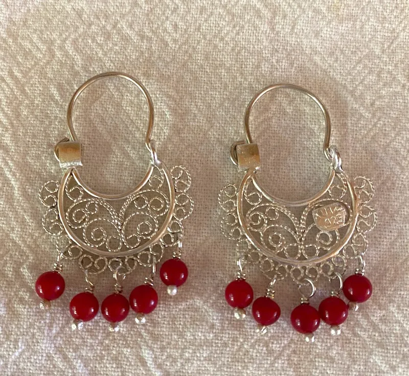 Silver Filigree Earrings with Coral Beads