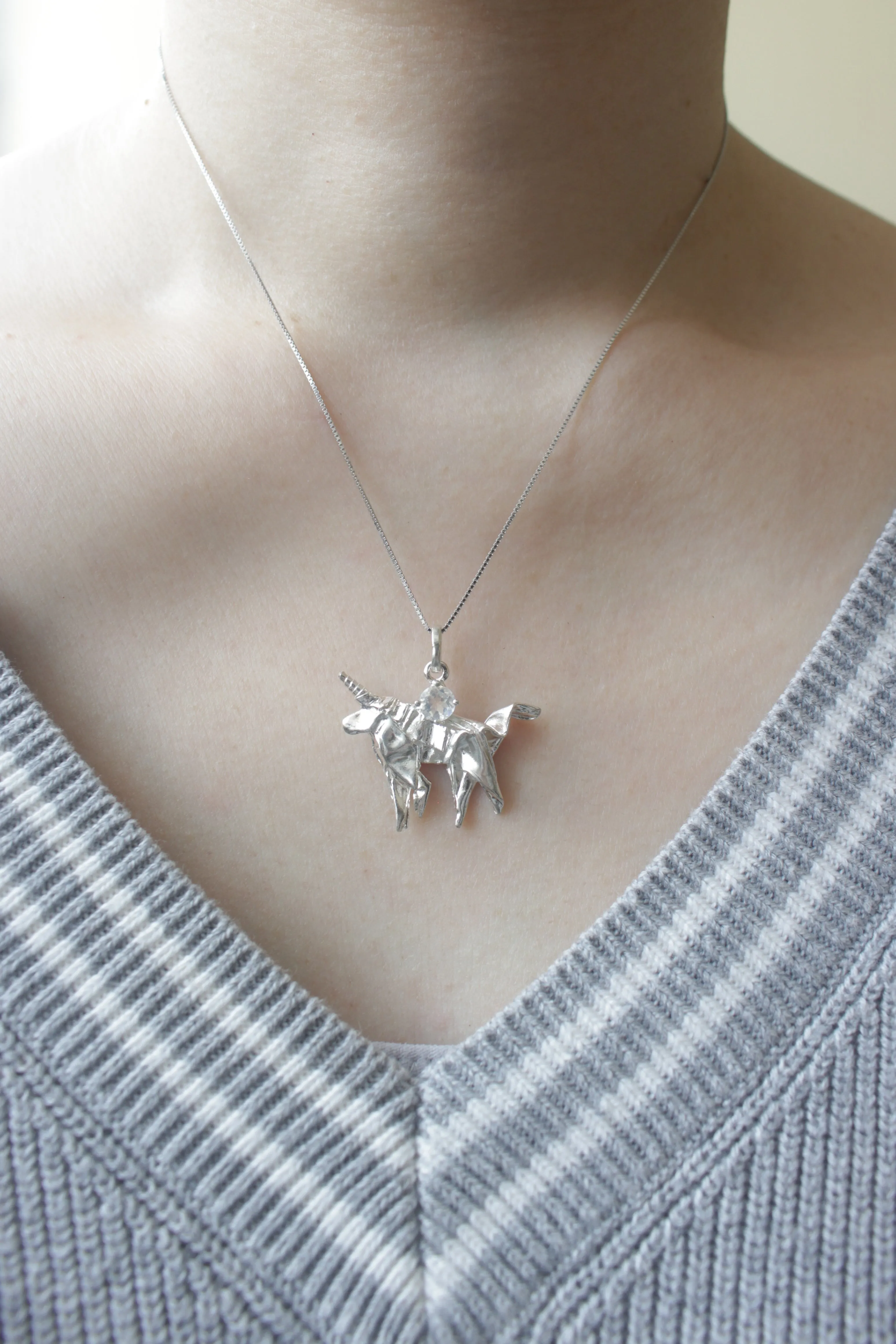 Silver Origami Unicorn Merry-go-round Necklace with Moonstone