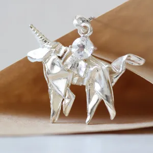Silver Origami Unicorn Merry-go-round Necklace with Moonstone