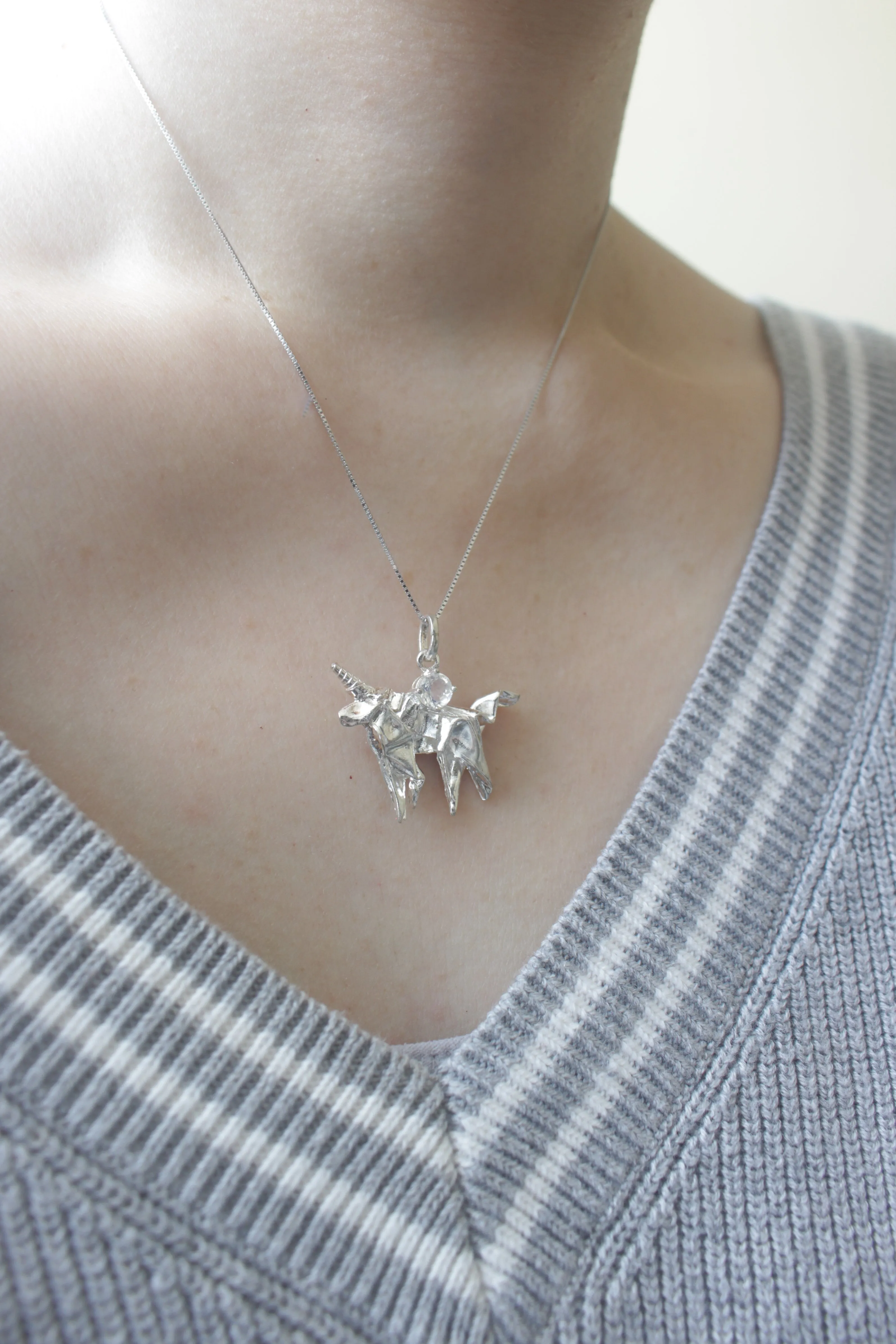 Silver Origami Unicorn Merry-go-round Necklace with Moonstone