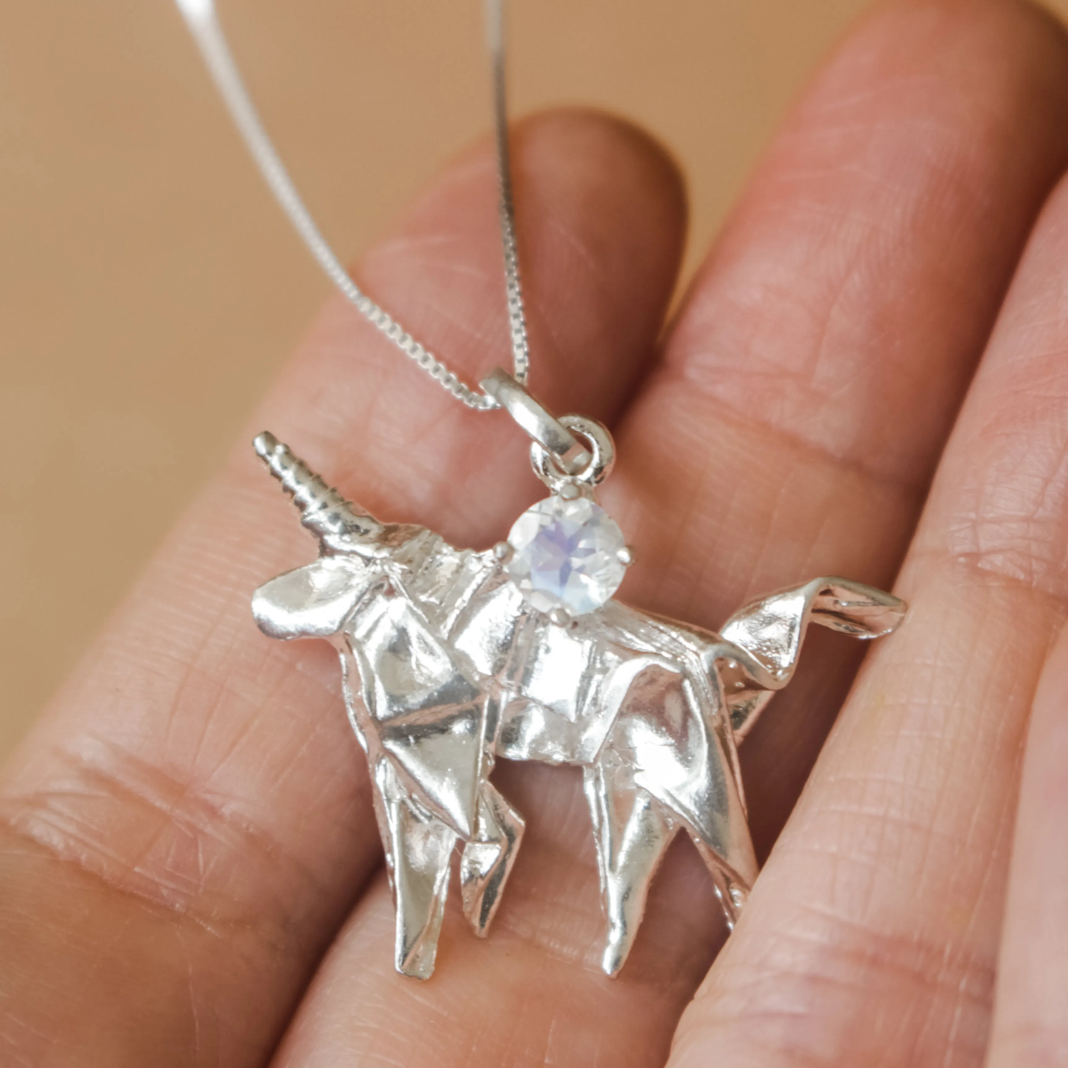 Silver Origami Unicorn Merry-go-round Necklace with Moonstone