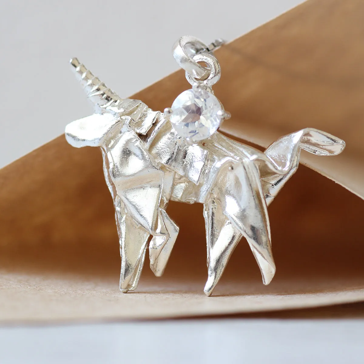 Silver Origami Unicorn Merry-go-round Necklace with Moonstone