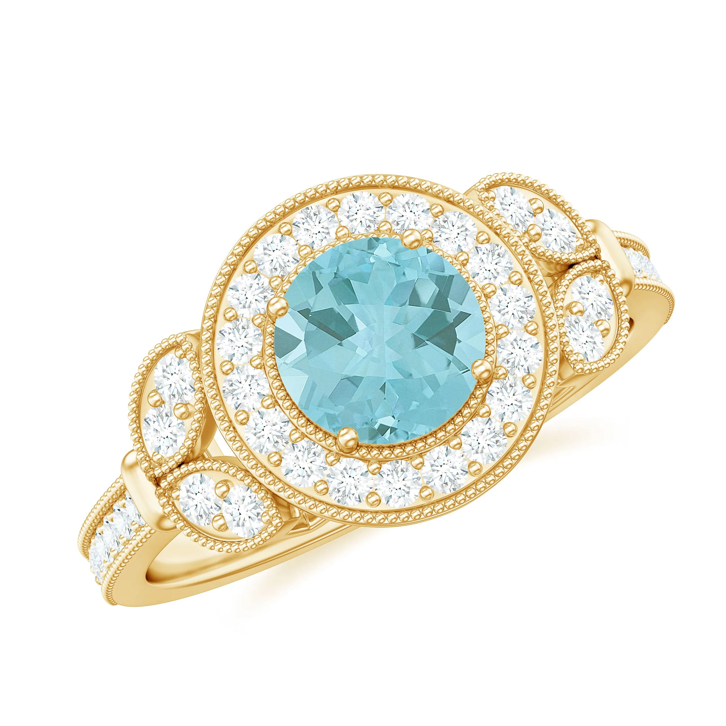 Sky Blue Topaz Vintage Beaded Engagement Ring with Diamond