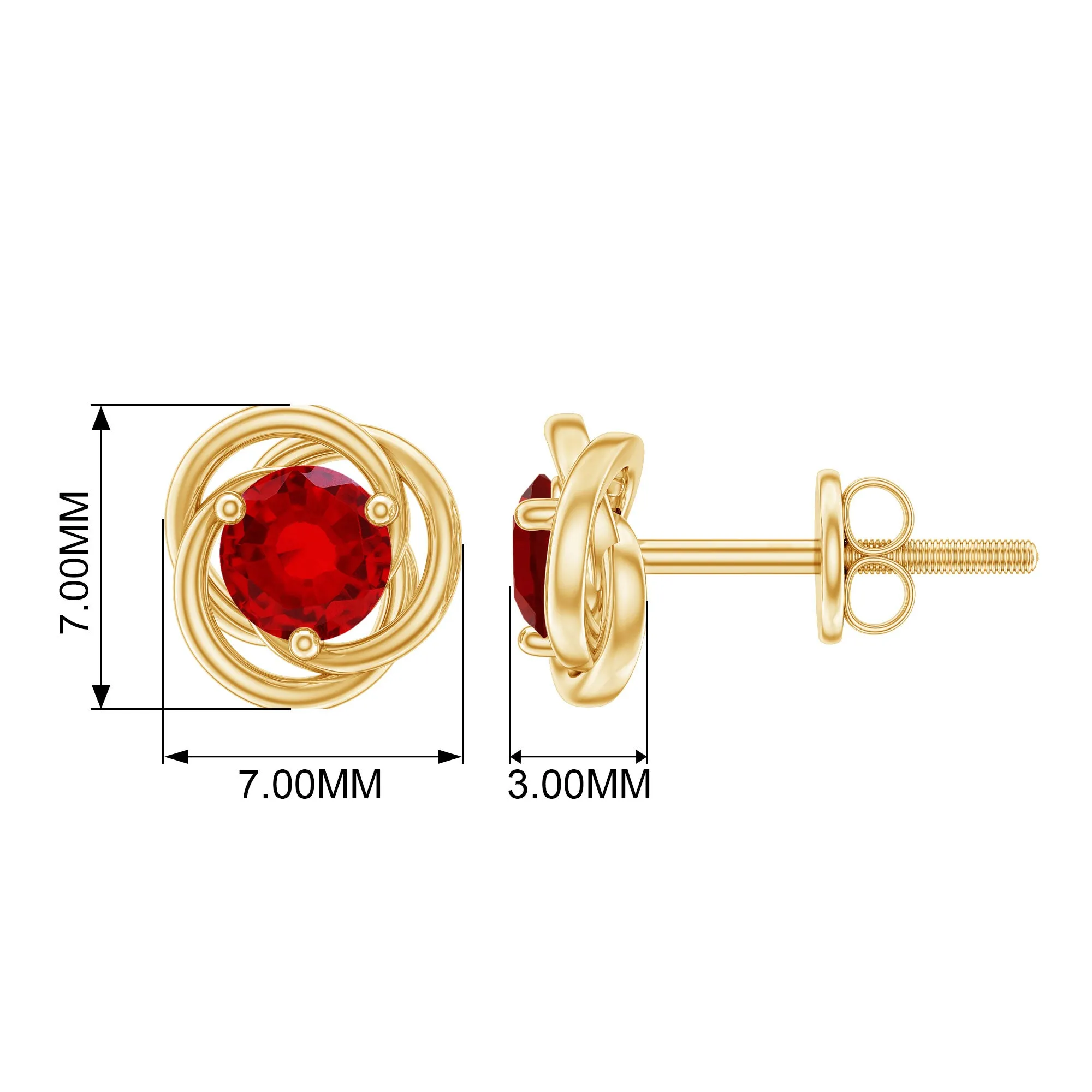 Solitaire Created Ruby Swirl Stud Earrings in 3 Prong Setting