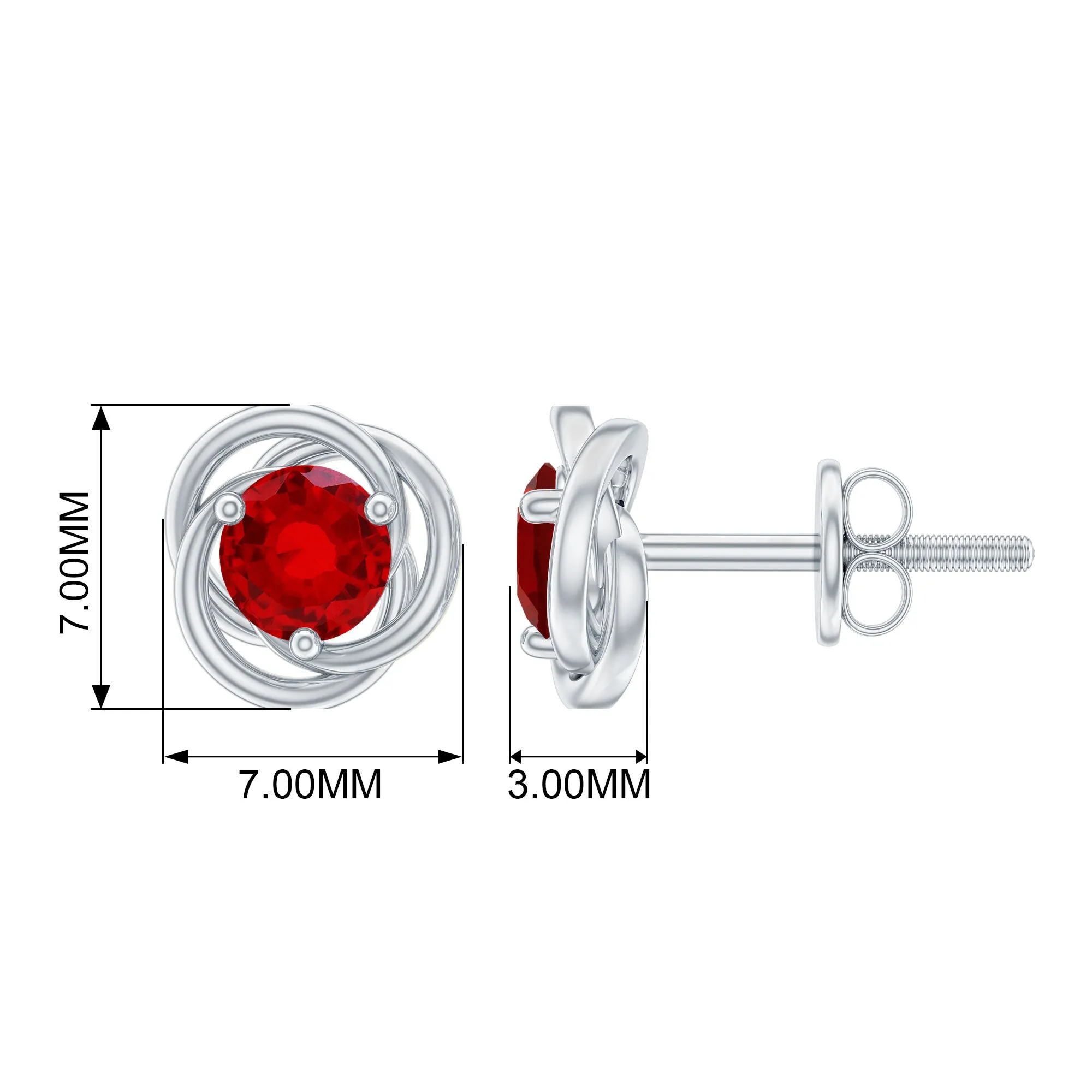 Solitaire Created Ruby Swirl Stud Earrings in 3 Prong Setting