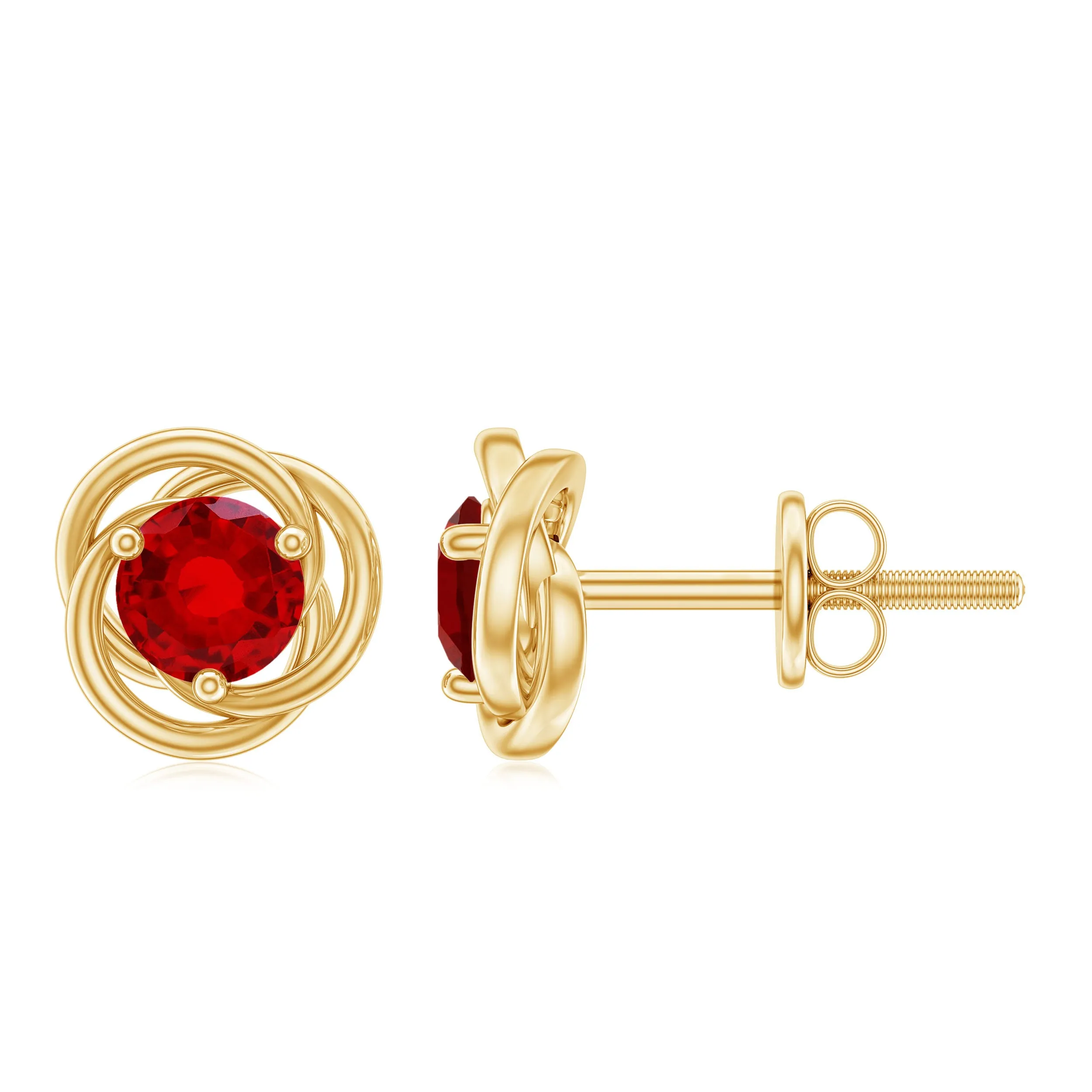 Solitaire Created Ruby Swirl Stud Earrings in 3 Prong Setting