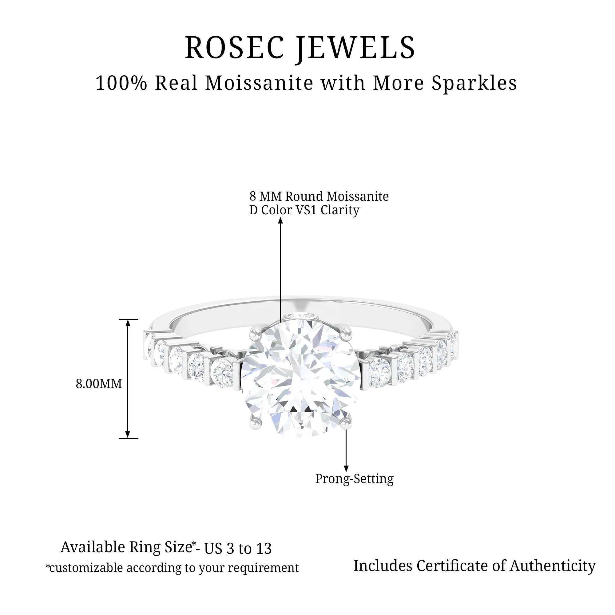 Solitaire Moissanite Engagement Ring with Side Stones