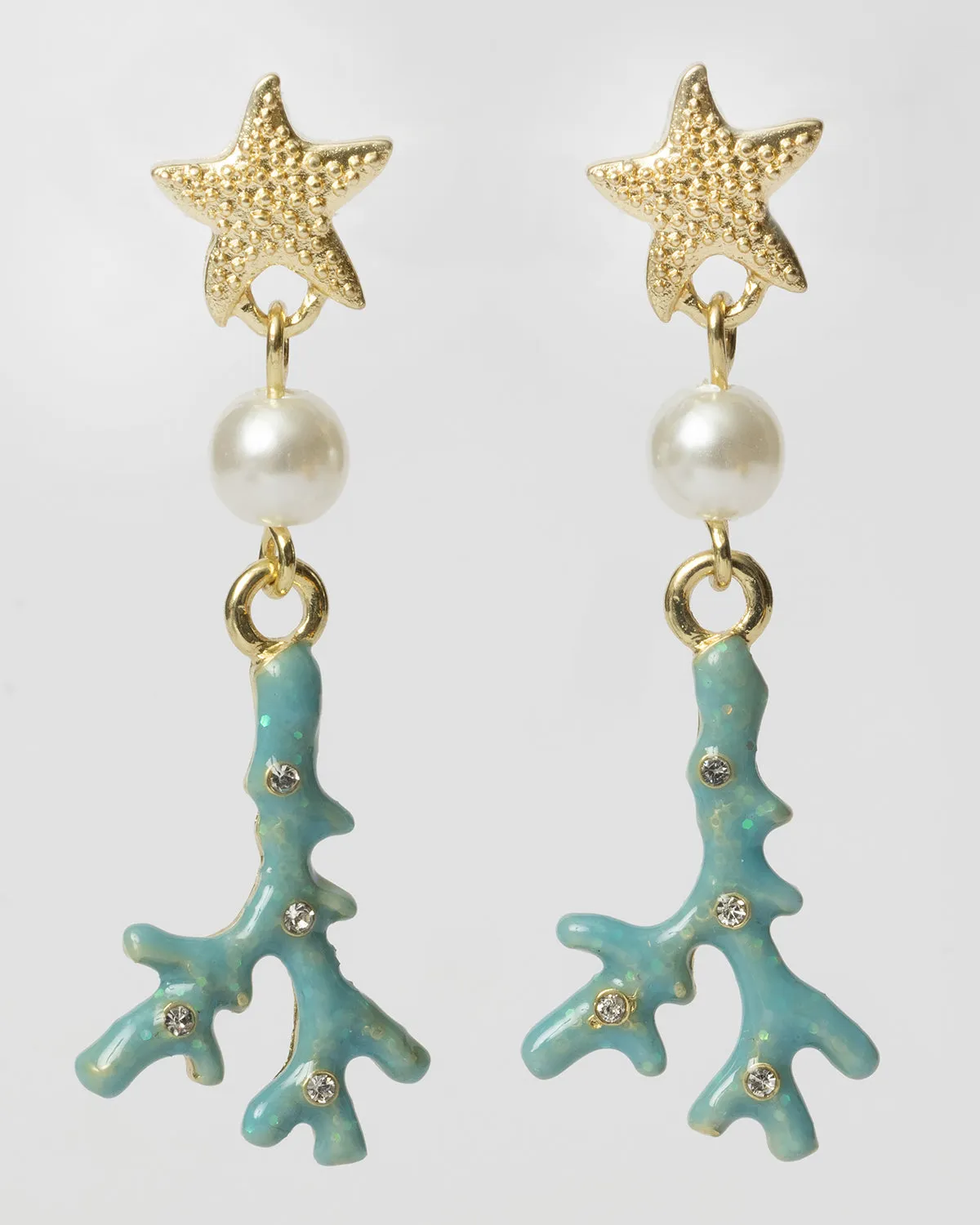 Starfish and Blue Enamel Coral and Pearl Dangle Earrings Coastal Cowgirl