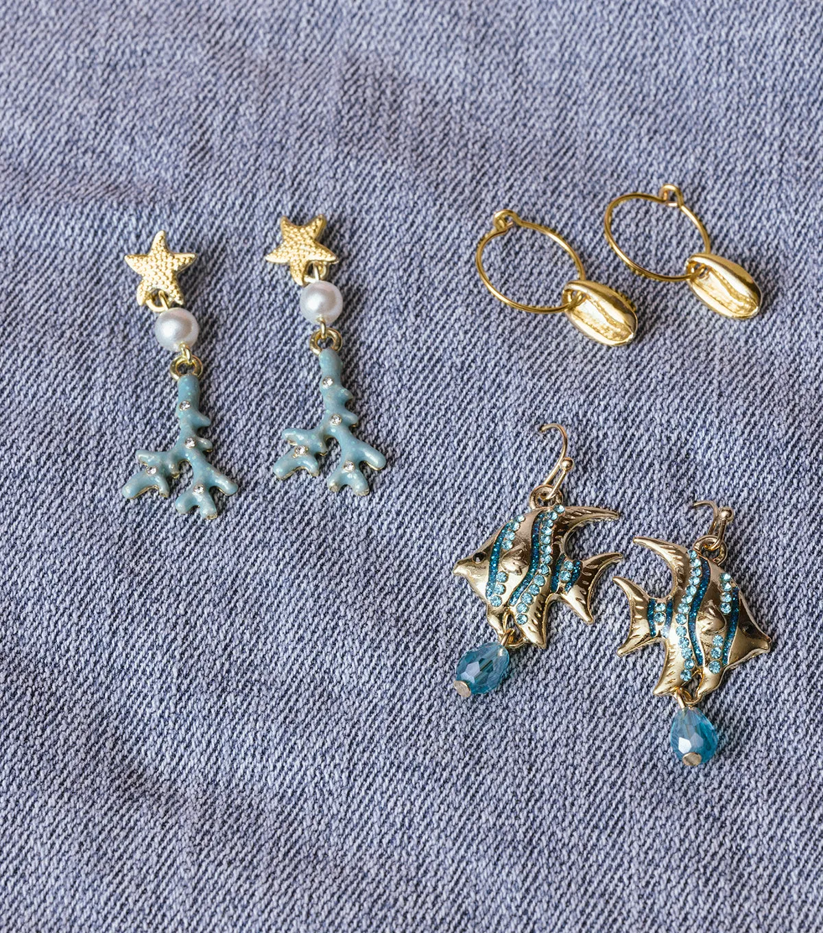 Starfish and Blue Enamel Coral and Pearl Dangle Earrings Coastal Cowgirl