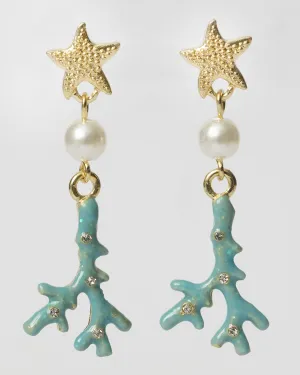 Starfish and Blue Enamel Coral and Pearl Dangle Earrings Coastal Cowgirl