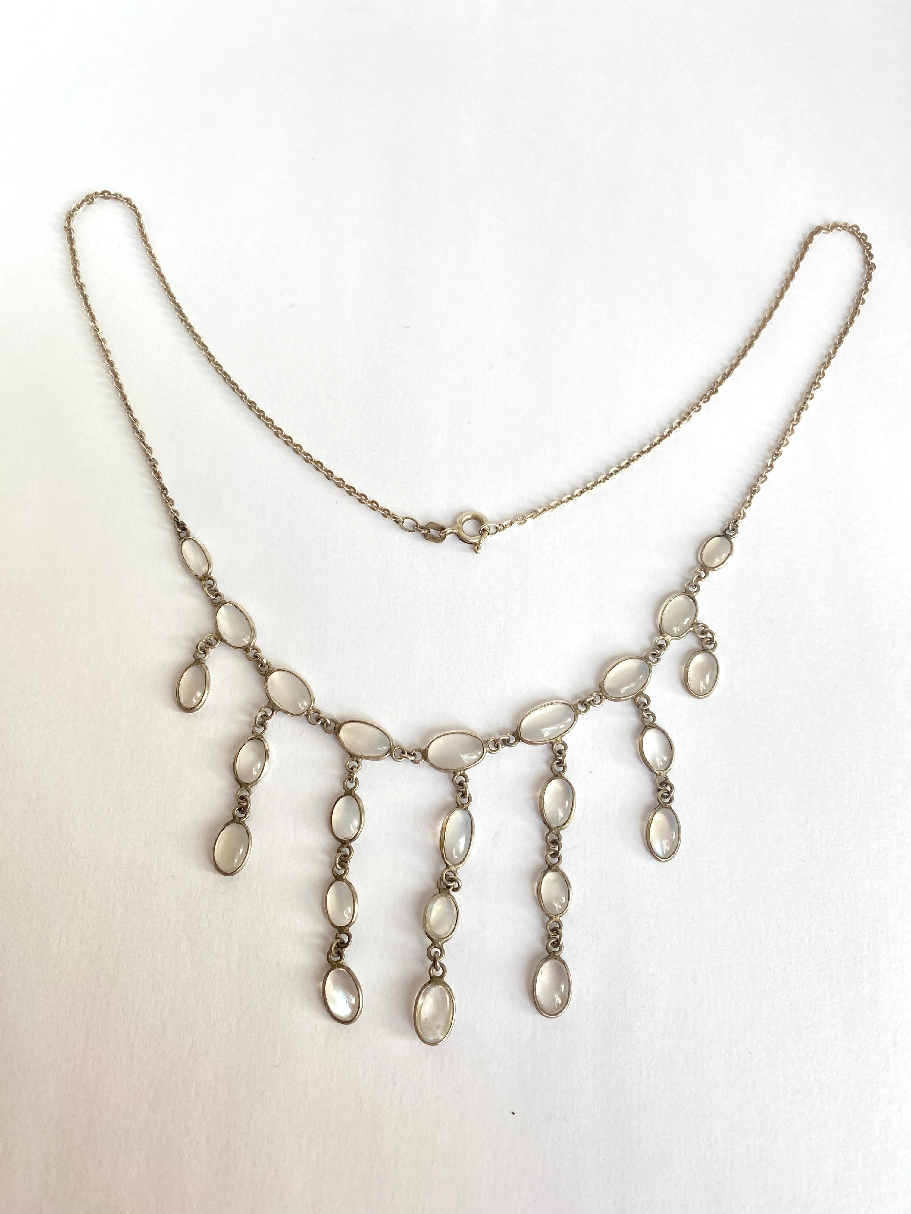 Stunning, Art Deco, Sterling Silver, Double Layer Moonstone Fringe Necklace