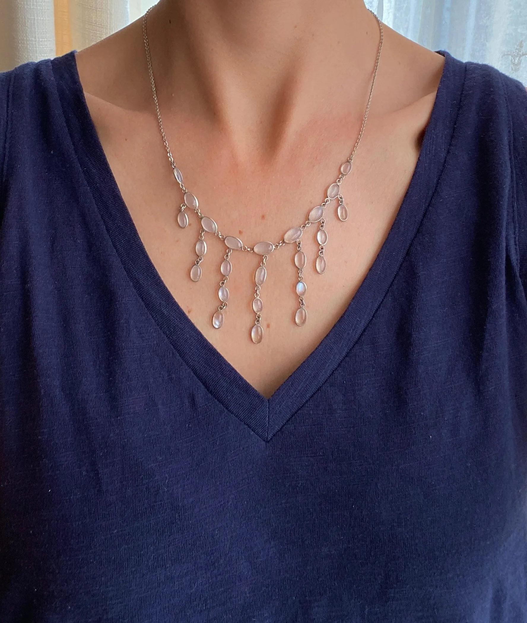 Stunning, Art Deco, Sterling Silver, Double Layer Moonstone Fringe Necklace