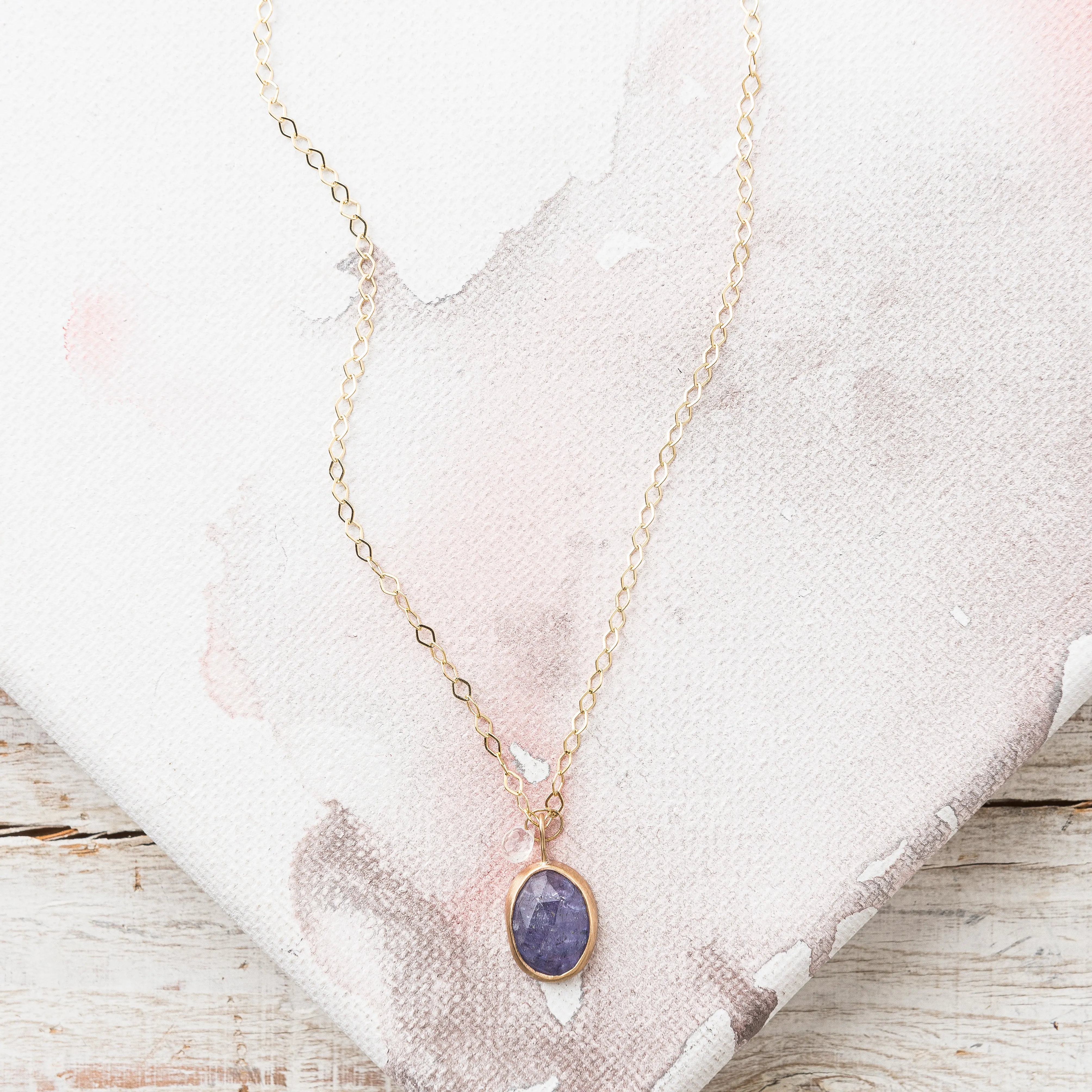 Tanzanite Oval Necklace with Moonstone in 14k Gold