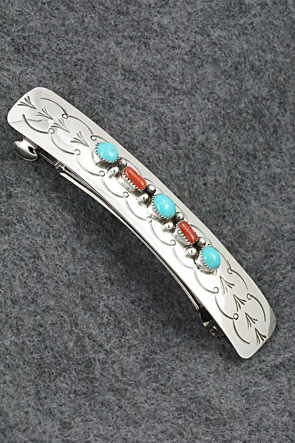 Turquoise, Coral & Sterling Silver Hair Barrette - Jolene Begay