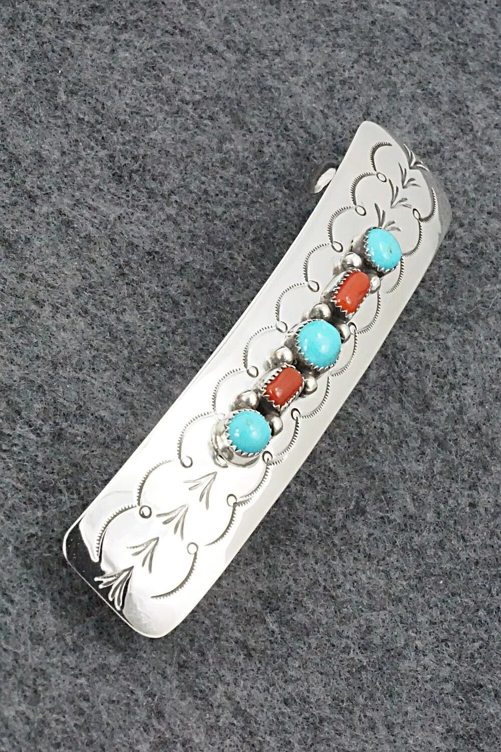 Turquoise, Coral & Sterling Silver Hair Barrette - Jolene Begay