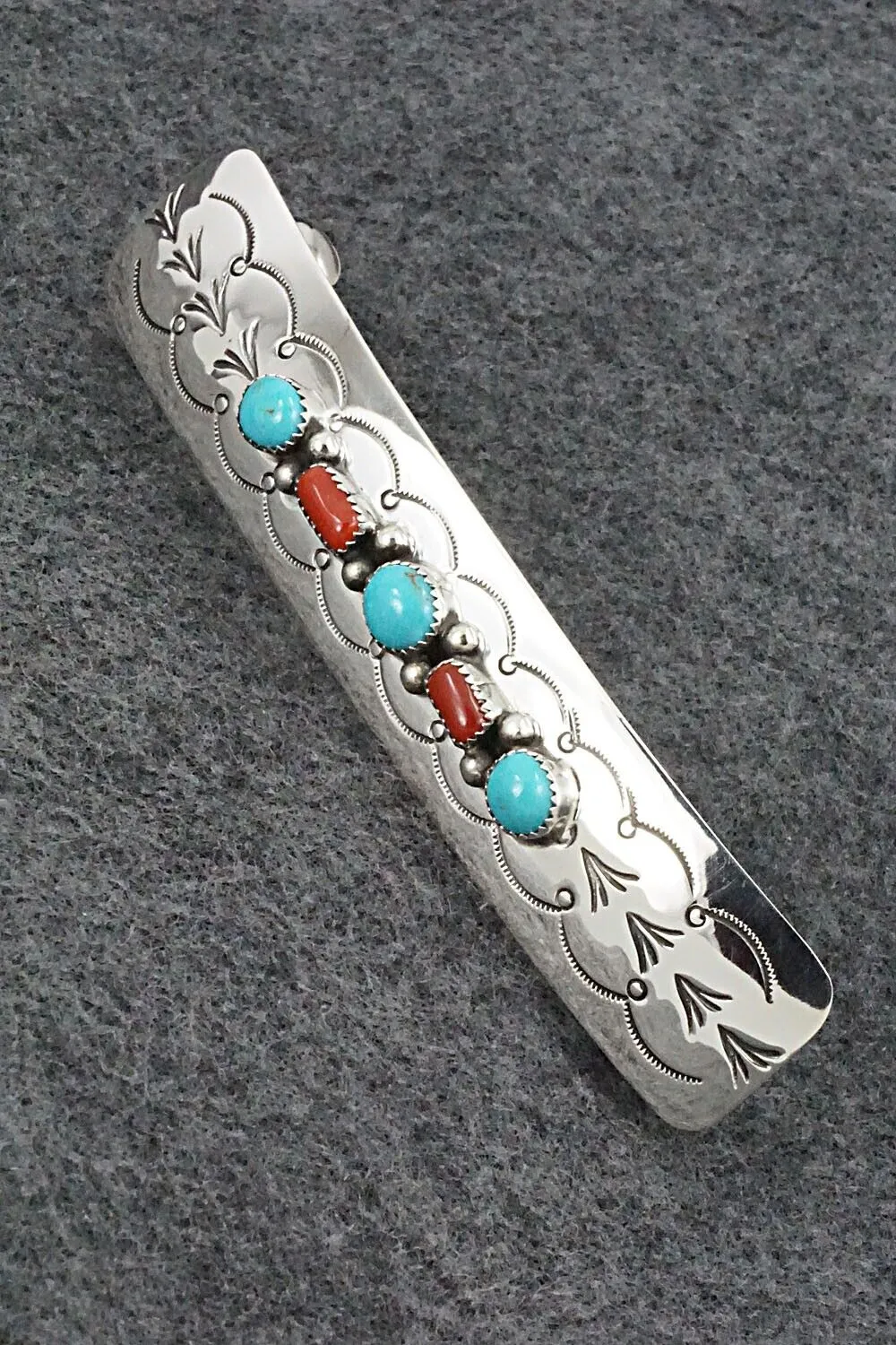 Turquoise, Coral & Sterling Silver Hair Barrette - Jolene Begay