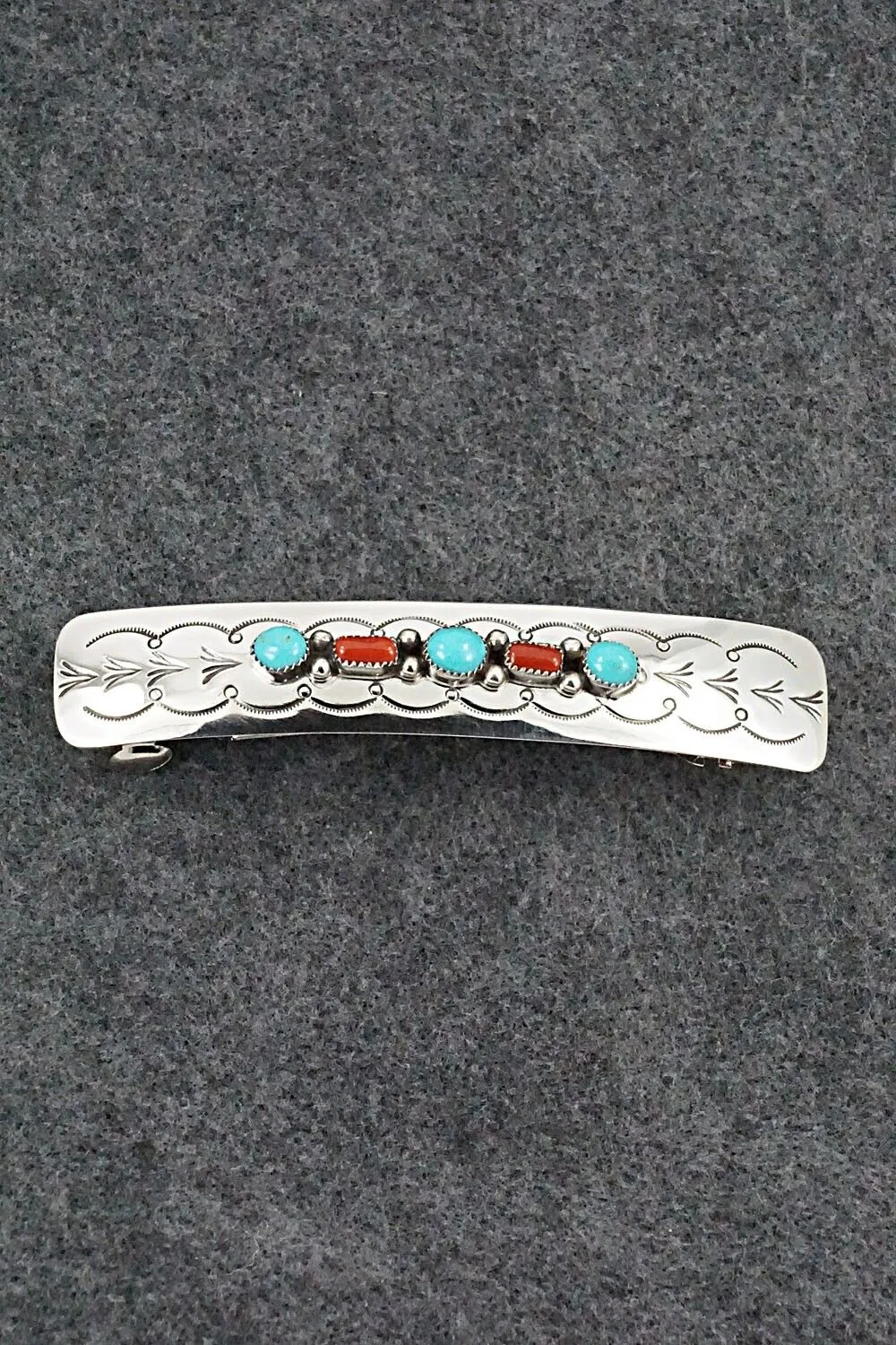 Turquoise, Coral & Sterling Silver Hair Barrette - Jolene Begay