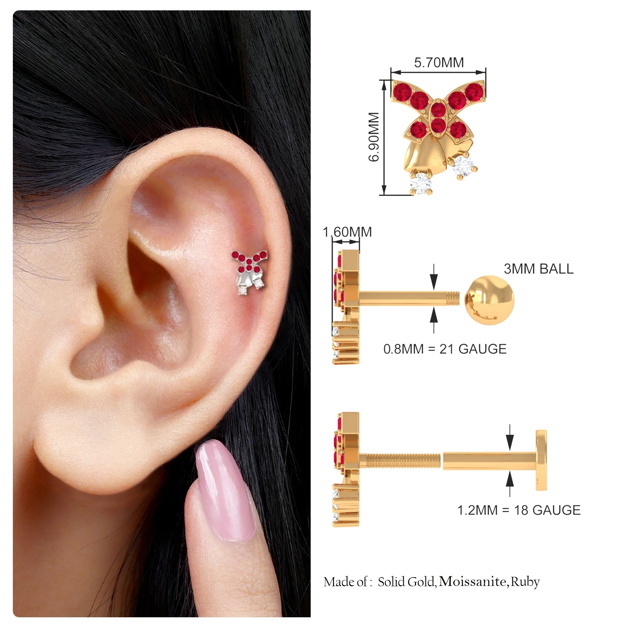 Unique Ruby Christmas Bell Earring with Moissanite